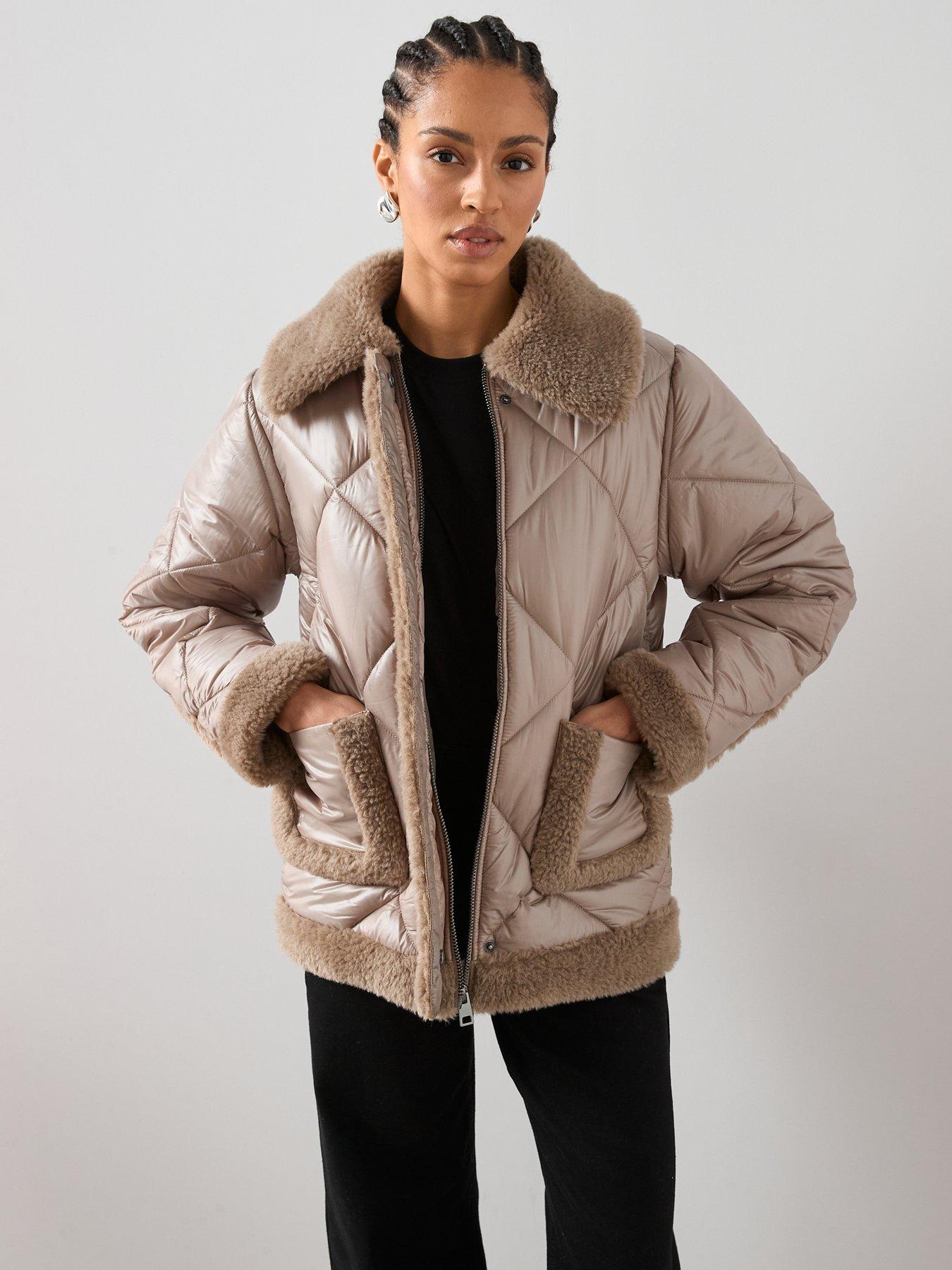 The Very Collection: Diamond Quilt Coat With Faux Fur Trims - Mocha
