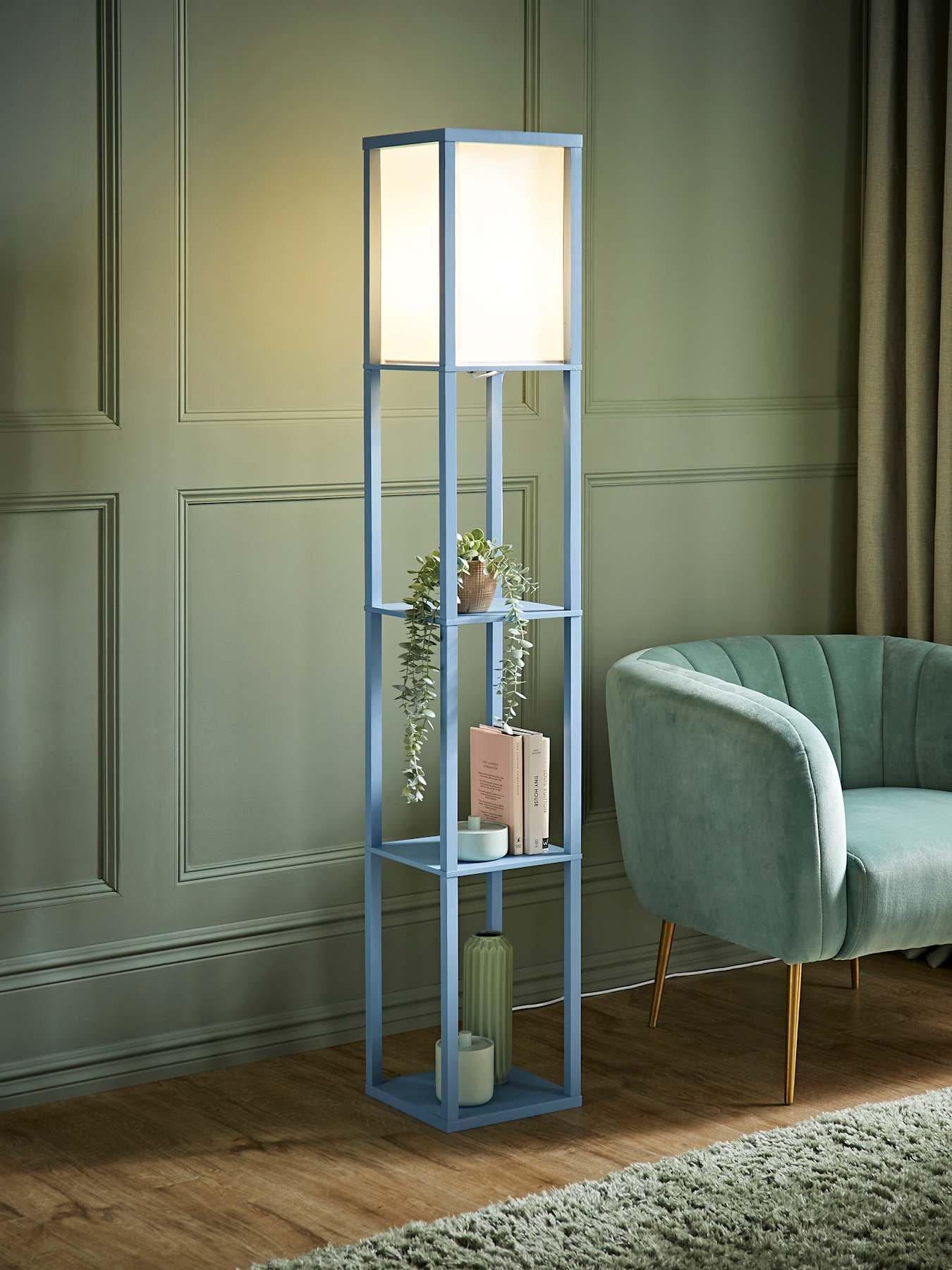 Image 1 of 7 of ValueLights Struttura Pastel Wood Shelving Square Floor Lamp with Fabric Shade