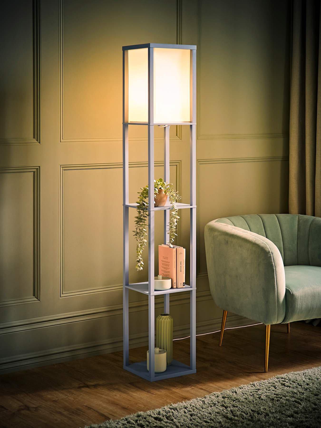 Image 5 of 7 of ValueLights Struttura Pastel Wood Shelving Square Floor Lamp with Fabric Shade