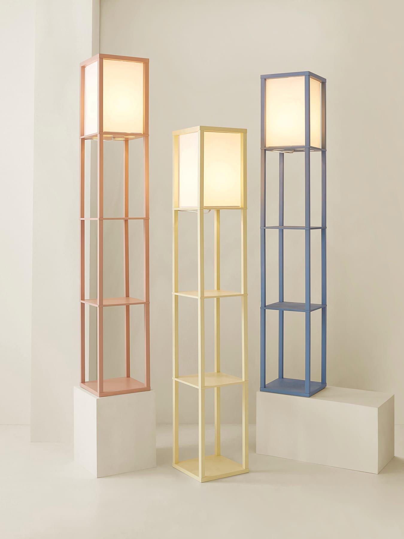 Image 7 of 7 of ValueLights Struttura Pastel Wood Shelving Square Floor Lamp with Fabric Shade