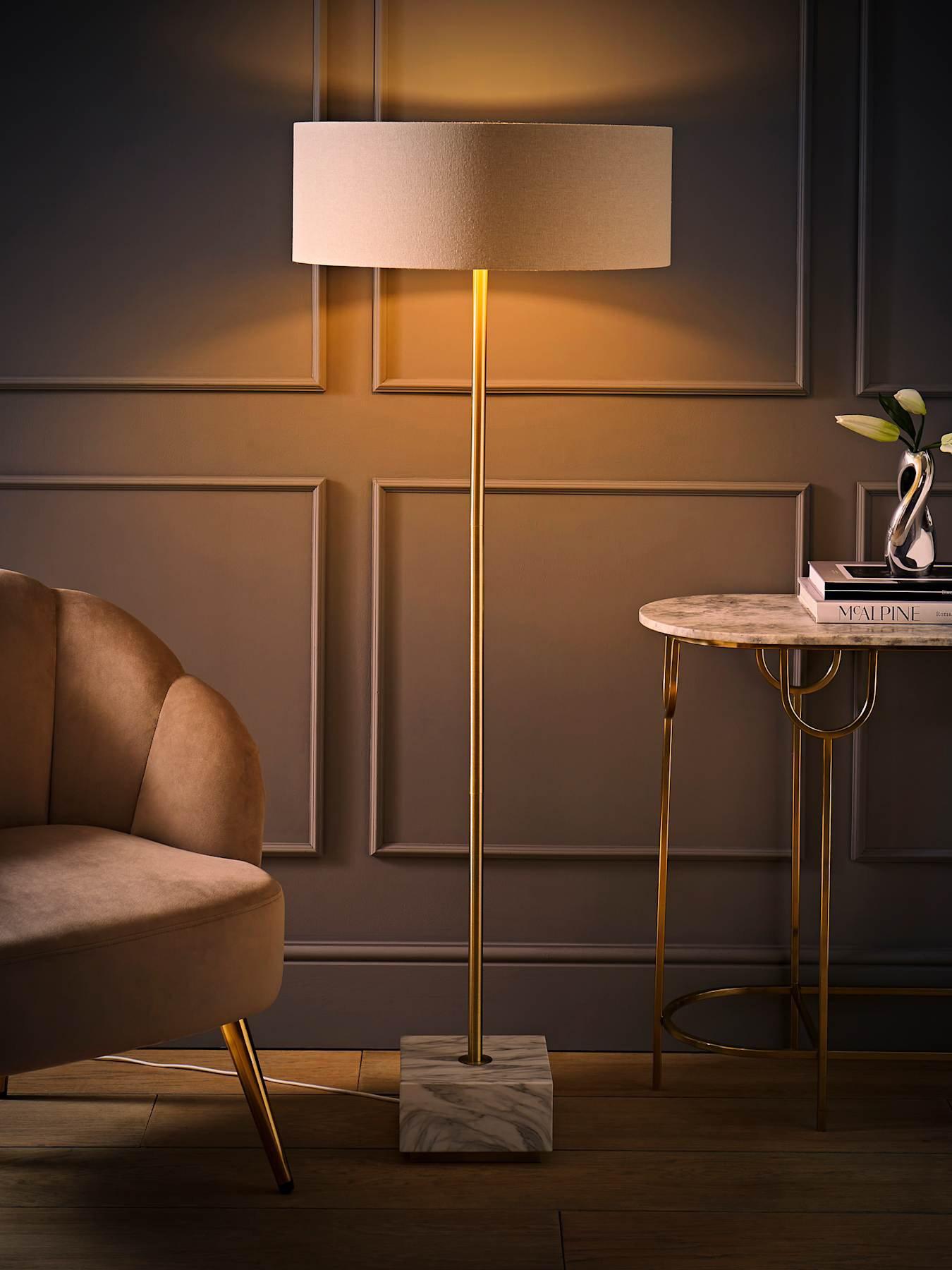ValueLights Britney Marble Floor Lamp With Natural Linen Drum Shade