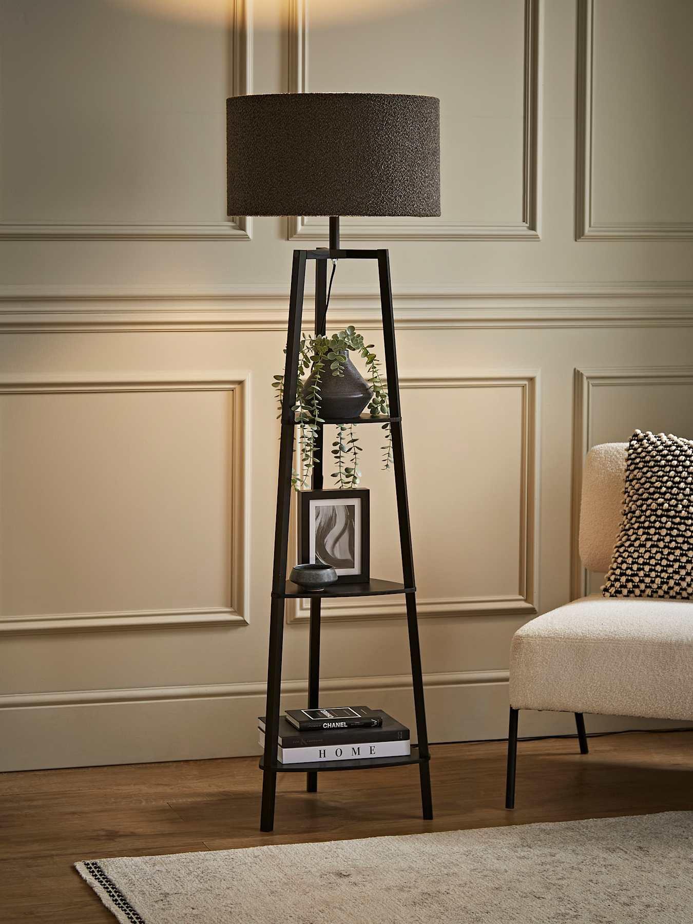 Image 1 of 7 of ValueLights Hiru 3 Tier Shelf Wooden Floor Lamp with Large Boucle Reni Shade