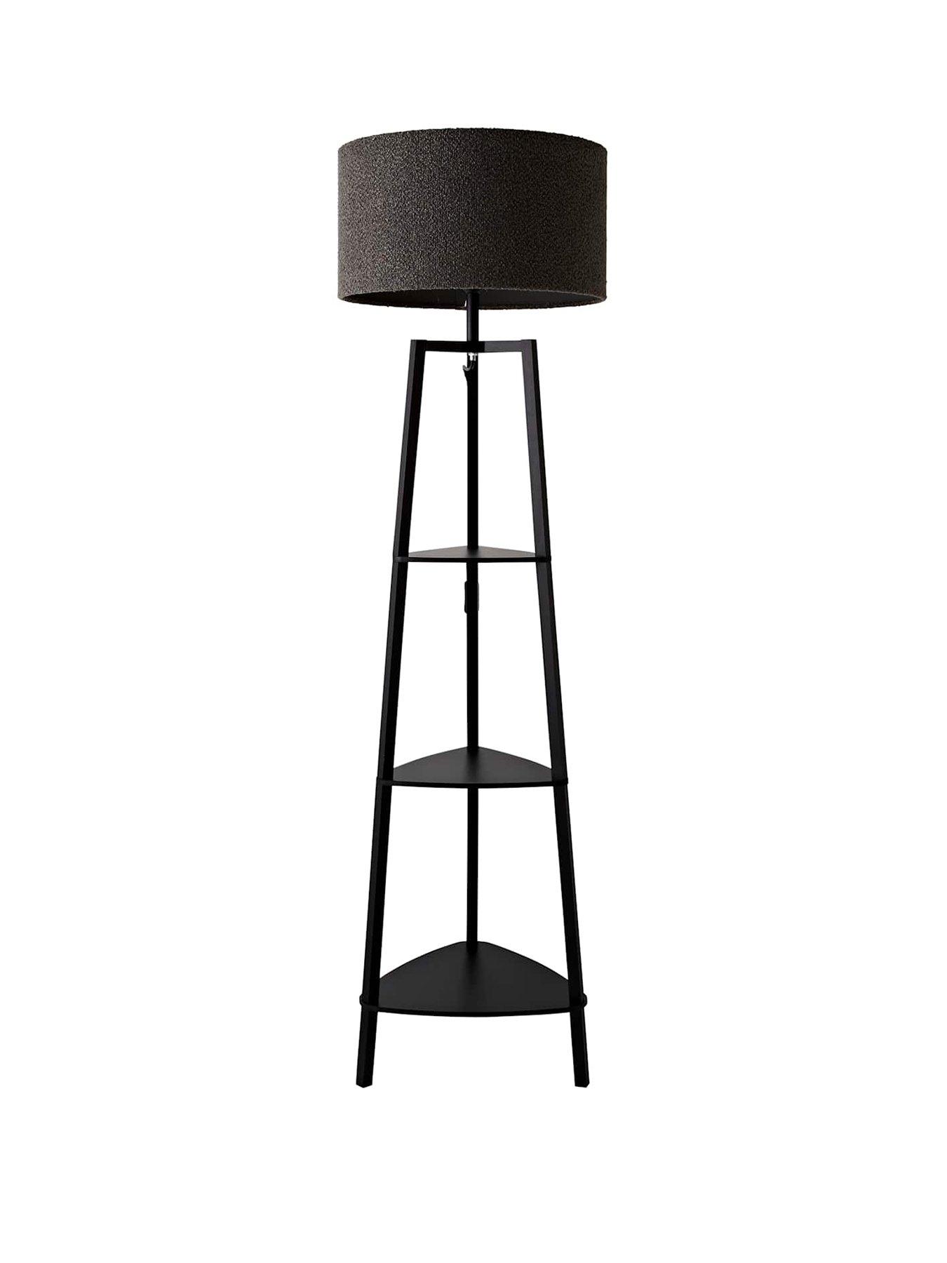 Image 2 of 7 of ValueLights Hiru 3 Tier Shelf Wooden Floor Lamp with Large Boucle Reni Shade