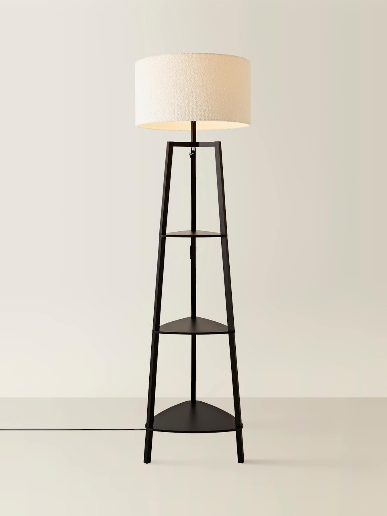 Image 5 of 7 of ValueLights Hiru 3 Tier Shelf Wooden Floor Lamp with Large Boucle Reni Shade