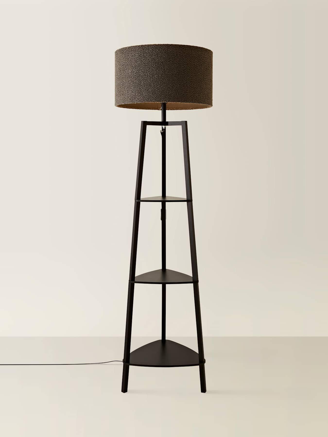 Image 6 of 7 of ValueLights Hiru 3 Tier Shelf Wooden Floor Lamp with Large Boucle Reni Shade