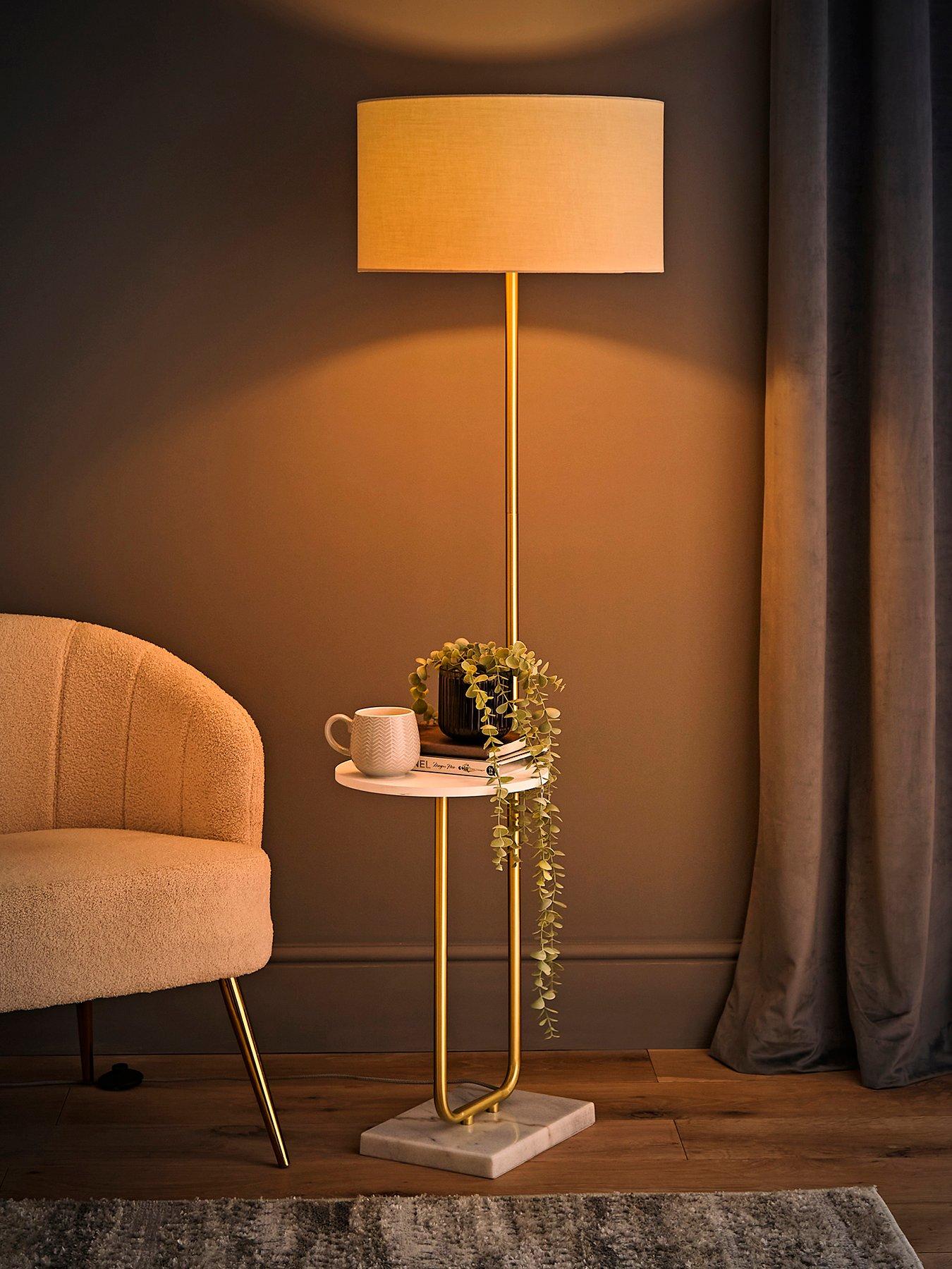 ValueLights Tavel Brushed Gold Floor Lamp With Table And Natural Shade