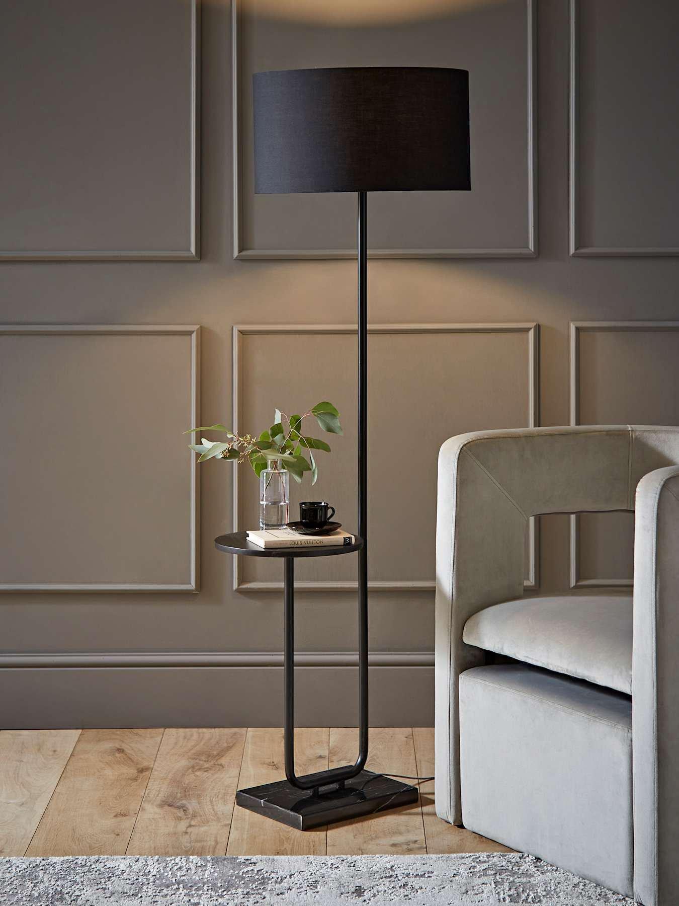Image 1 of 6 of ValueLights Tavel Matte Black Floor Lamp With Table And Black Shade