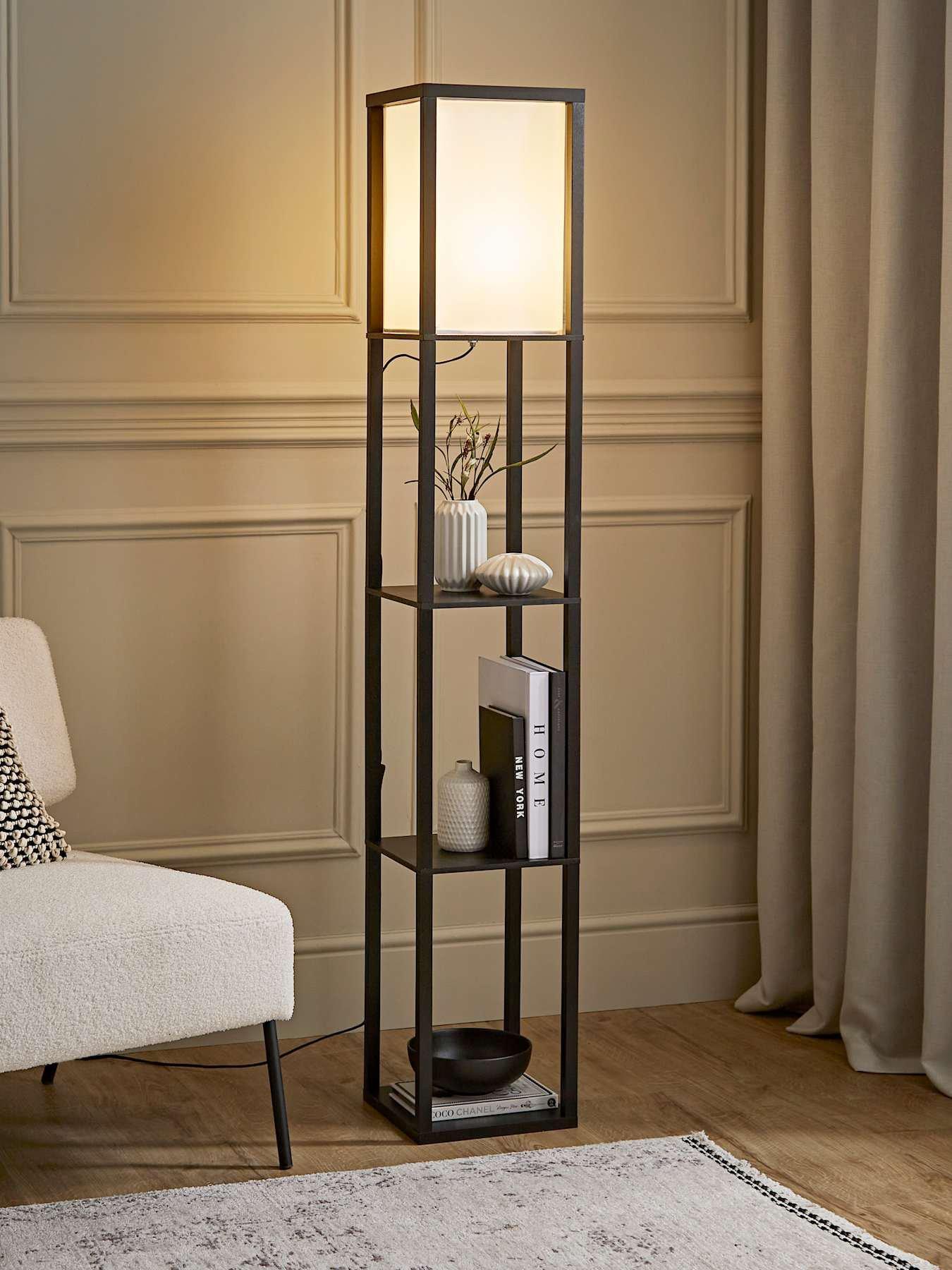 ValueLights Struttura Wooden Shelves Floor Lamp with Fabric Shade