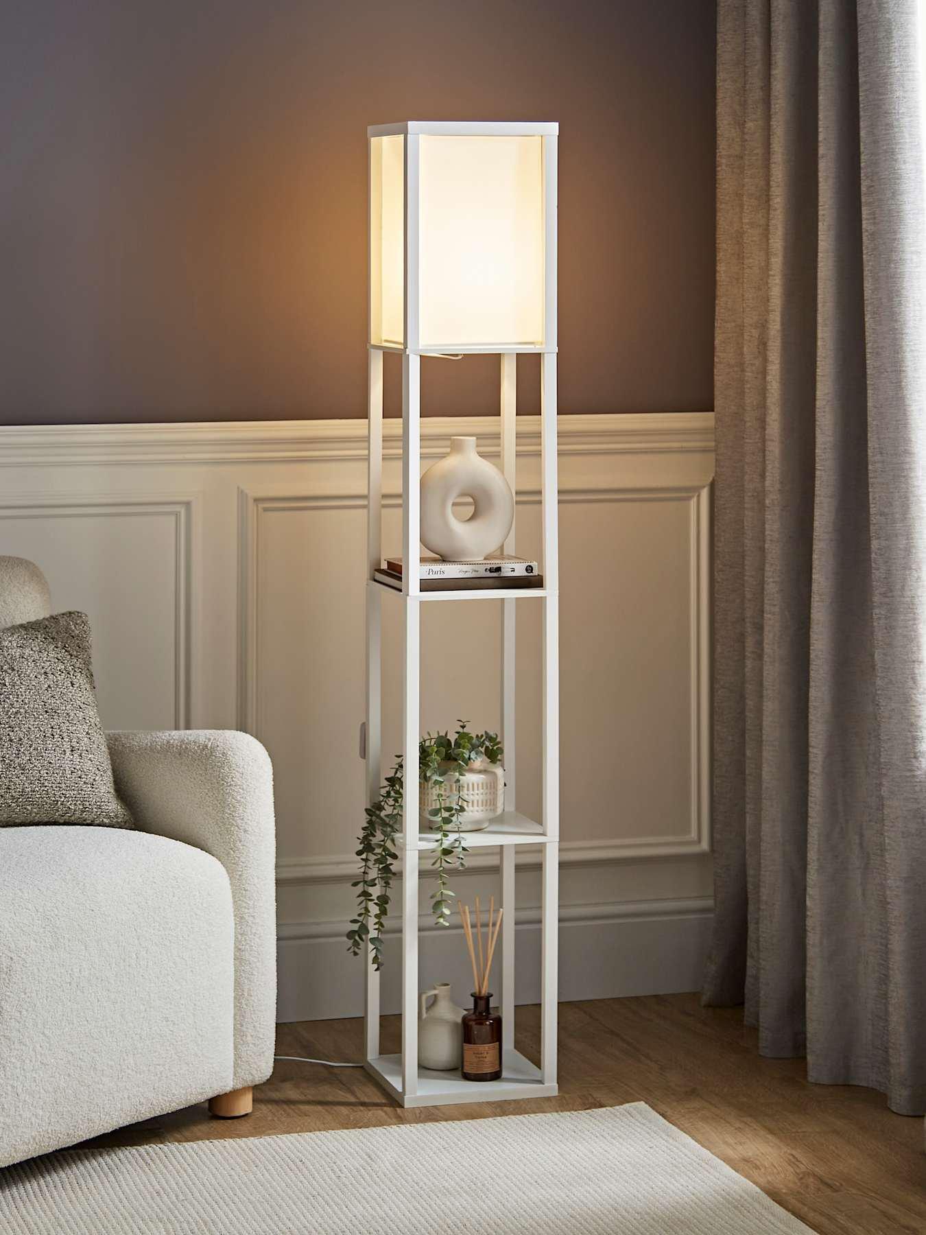 ValueLights Struttura Wooden Shelves Floor Lamp with Fabric Shade