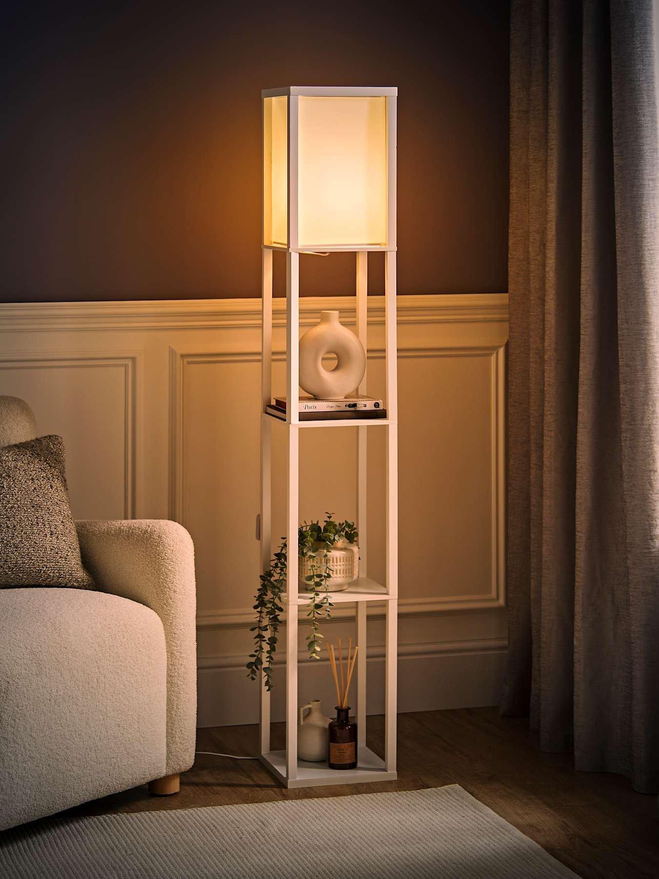 Image 5 of 7 of ValueLights Struttura Wooden Shelves Floor Lamp with Fabric Shade