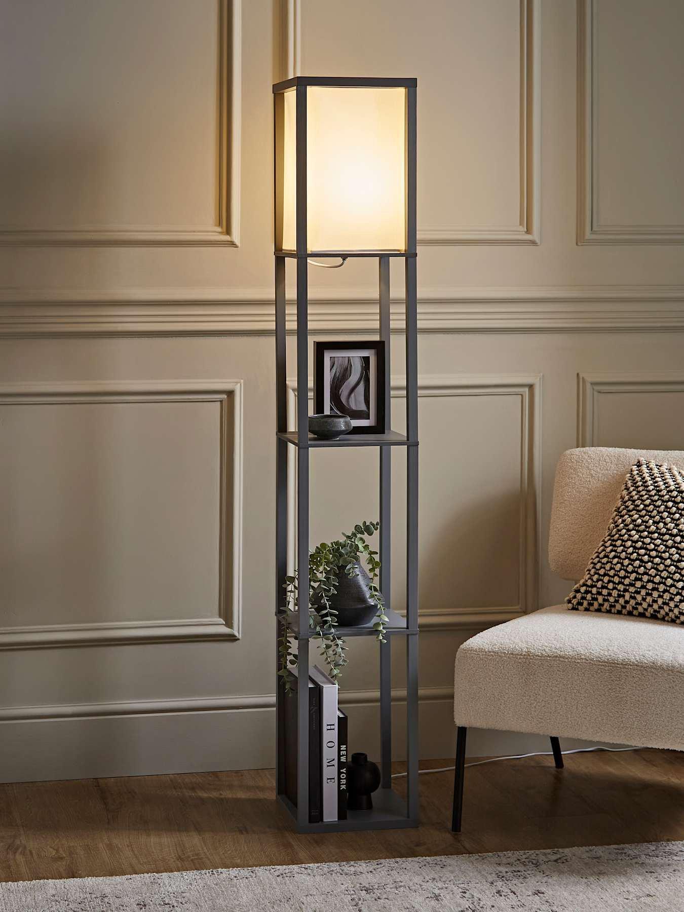 ValueLights Struttura Wooden Shelves Floor Lamp with Fabric Shade
