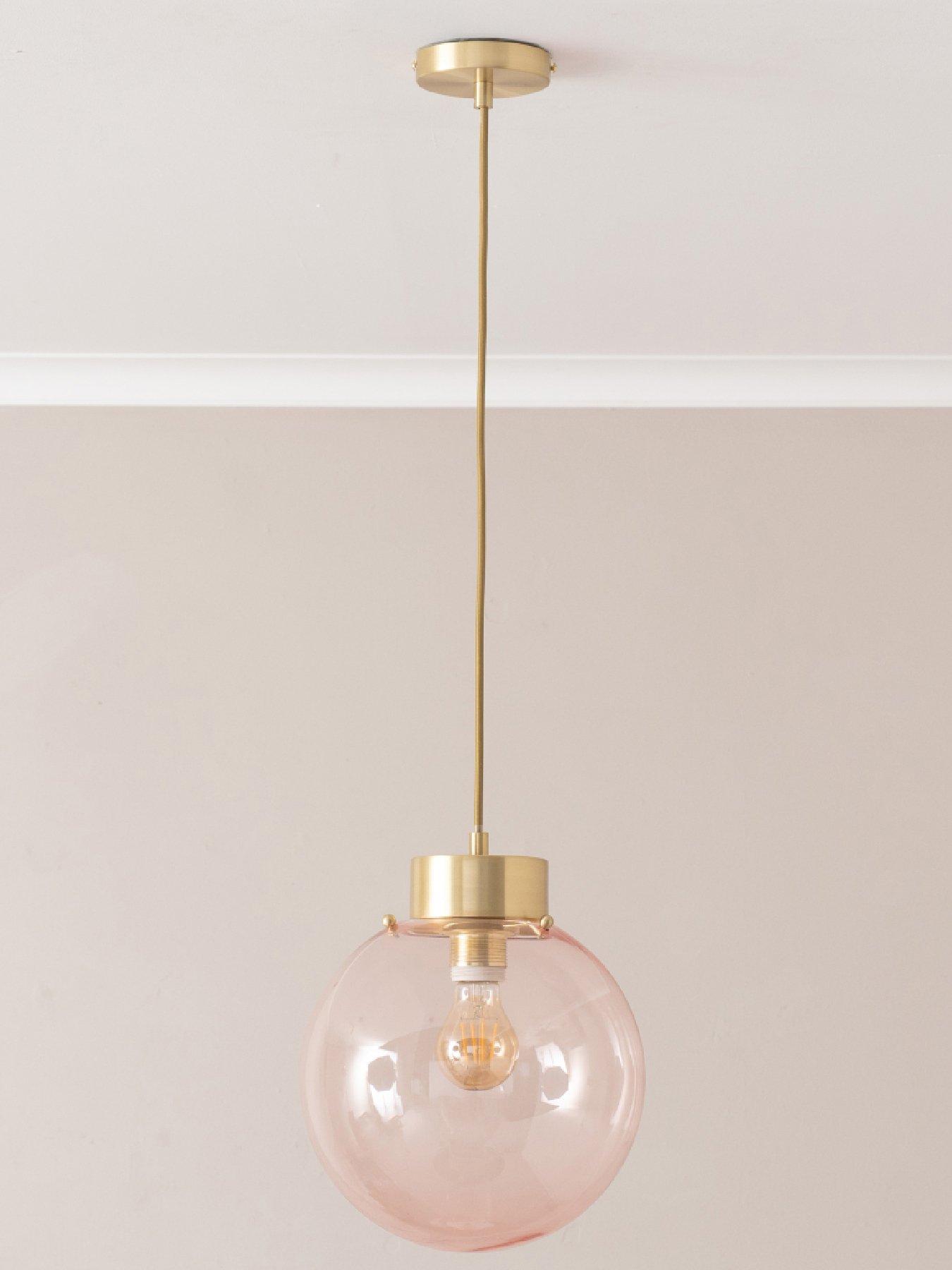 undefined Frenchie Pink Glass Globe Brushed Gold Capped Ceiling Pendant Light