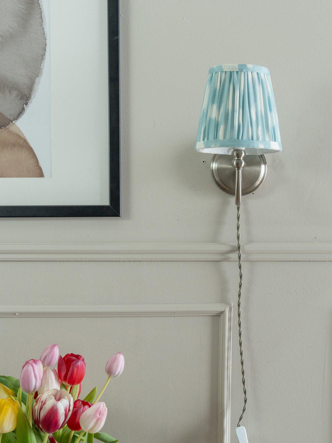 undefined Pair Of Neely Brushed Chrome Plug In Wall Light With Blue Gathered Shade