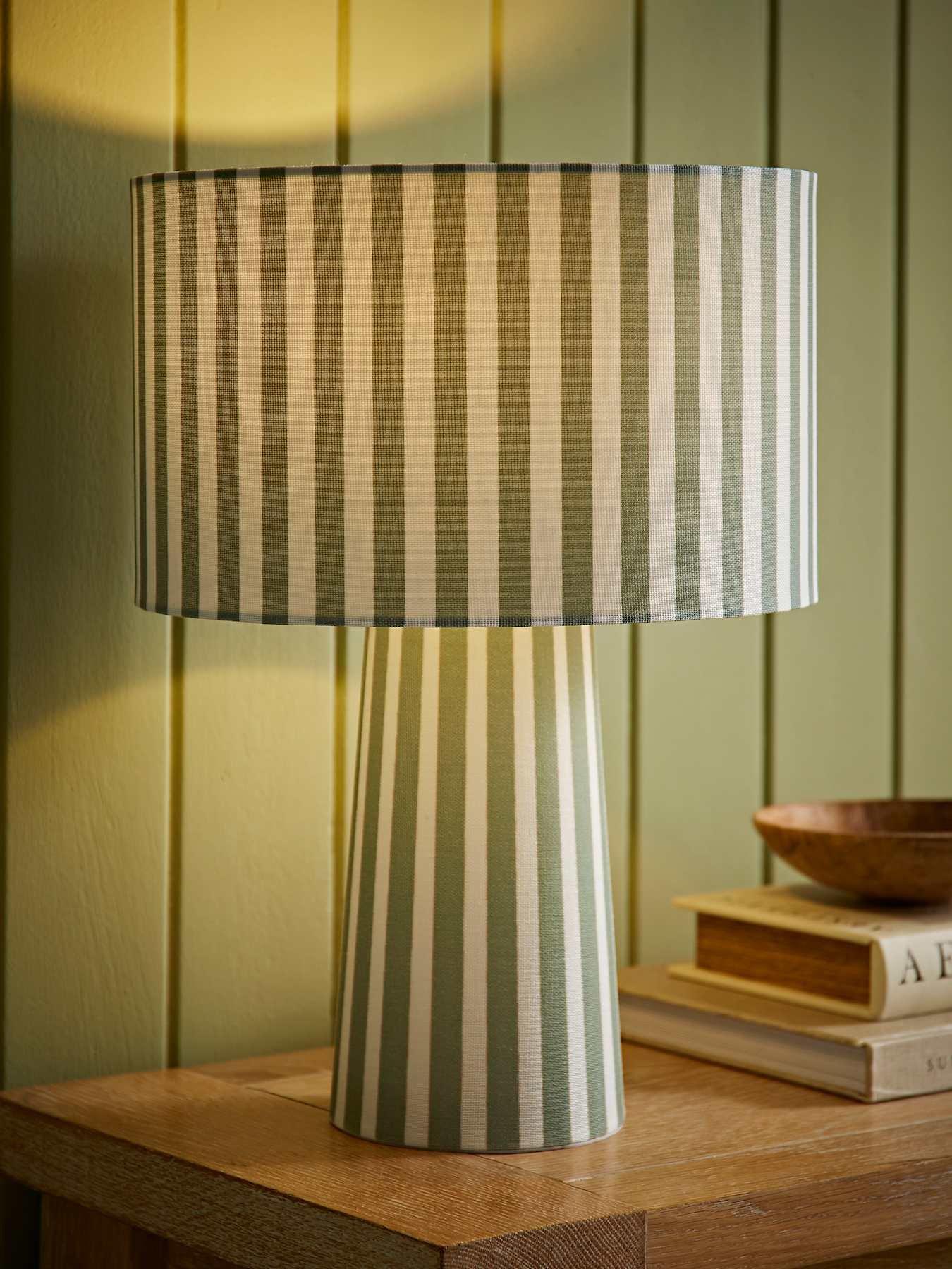 ValueLights Thorley Green And Cream Stripe Full Fabric Table Lamp