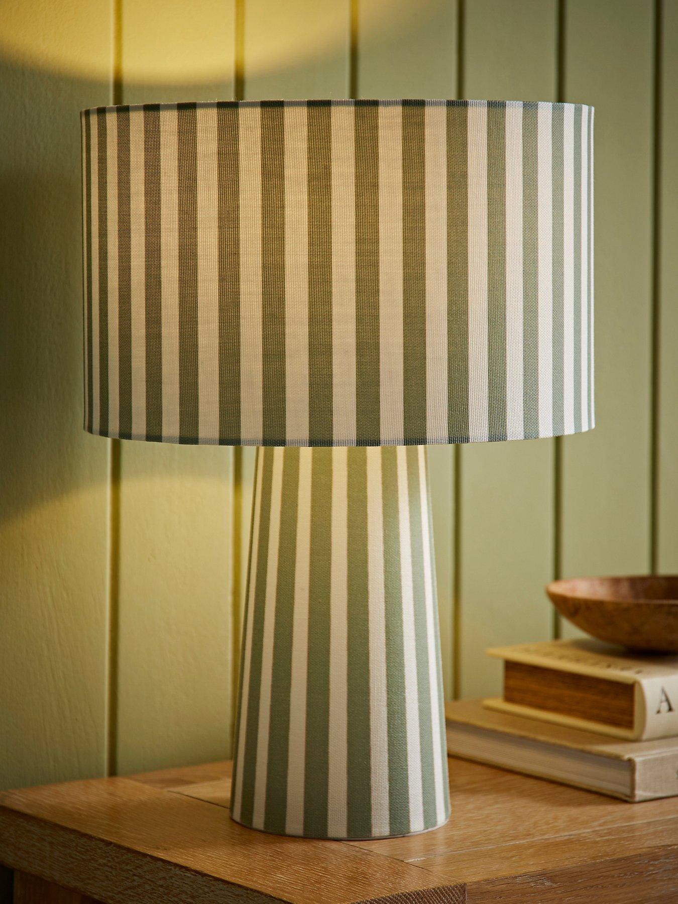 ValueLights Thorley Green And Cream Stripe Full Fabric Table Lamp