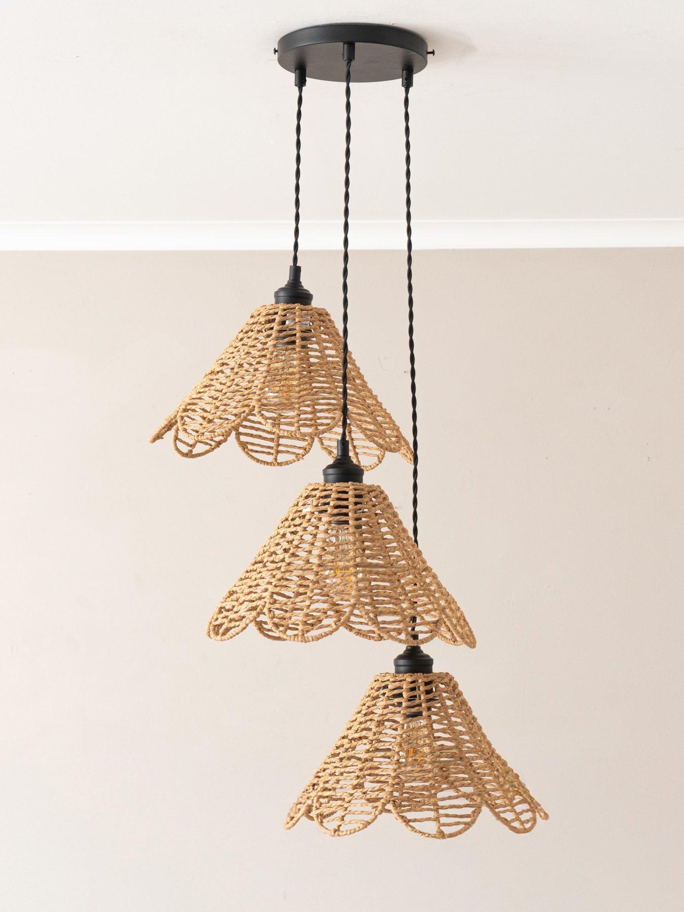 undefined Vine Rattan Flower Shade 3 Drop Cluster Matte Black Ceiling Pendant Light