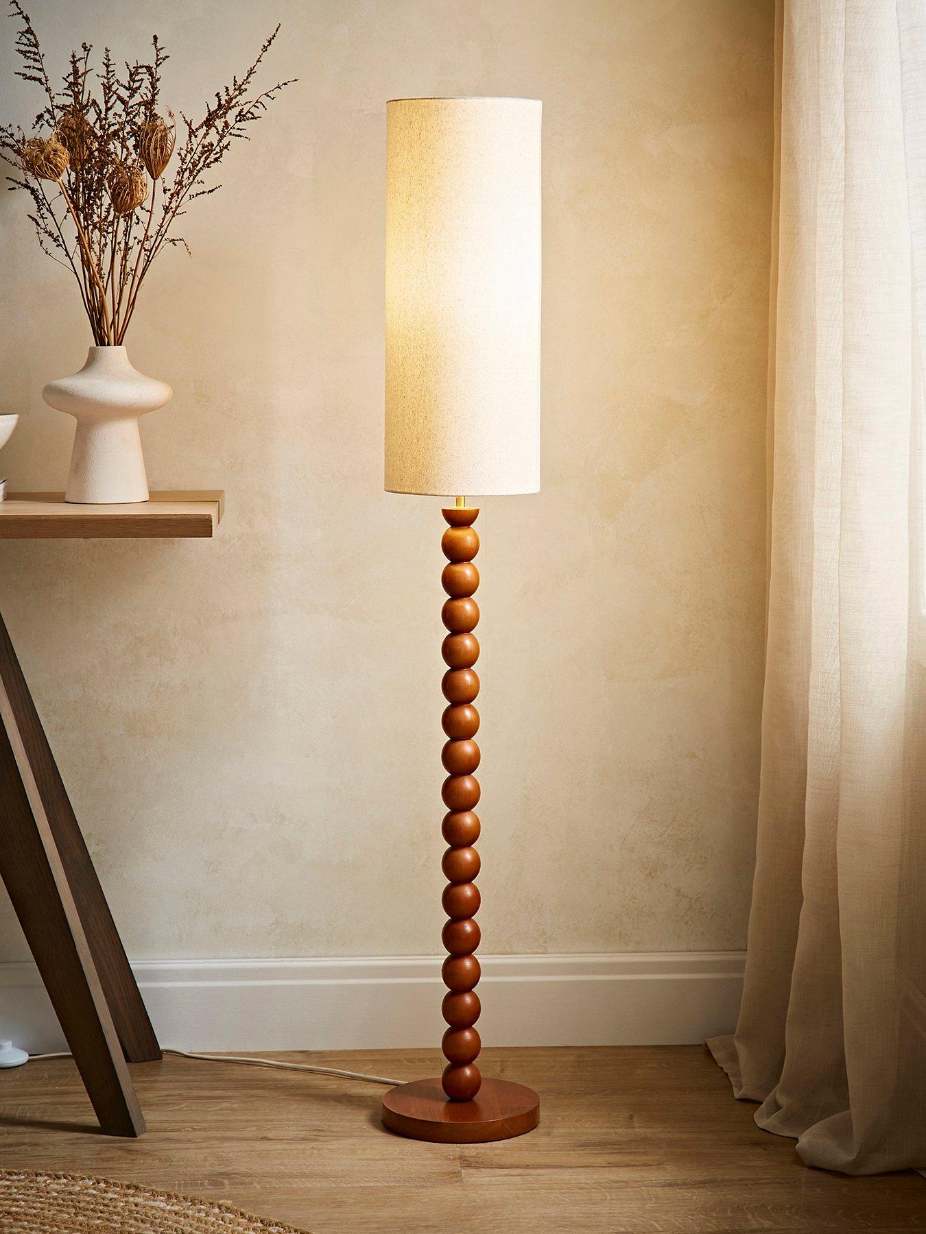 ValueLights Wyatt Walnut Wood Bobbin Floor Lamp With Natural Linen Shade