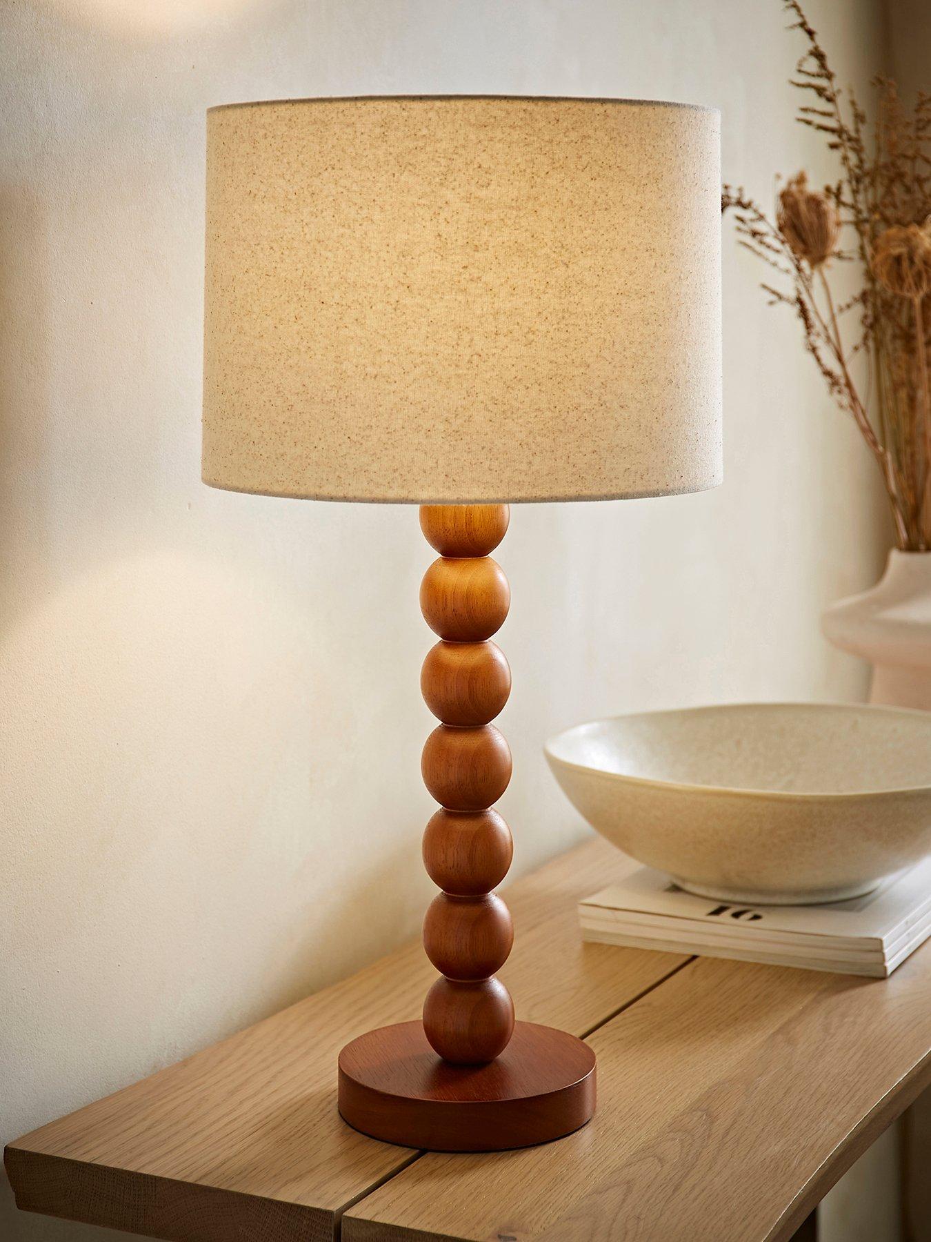 Image 1 of 7 of ValueLights Wyatt Walnut Wood Bobbin Table Lamp With Natural Linen Shade