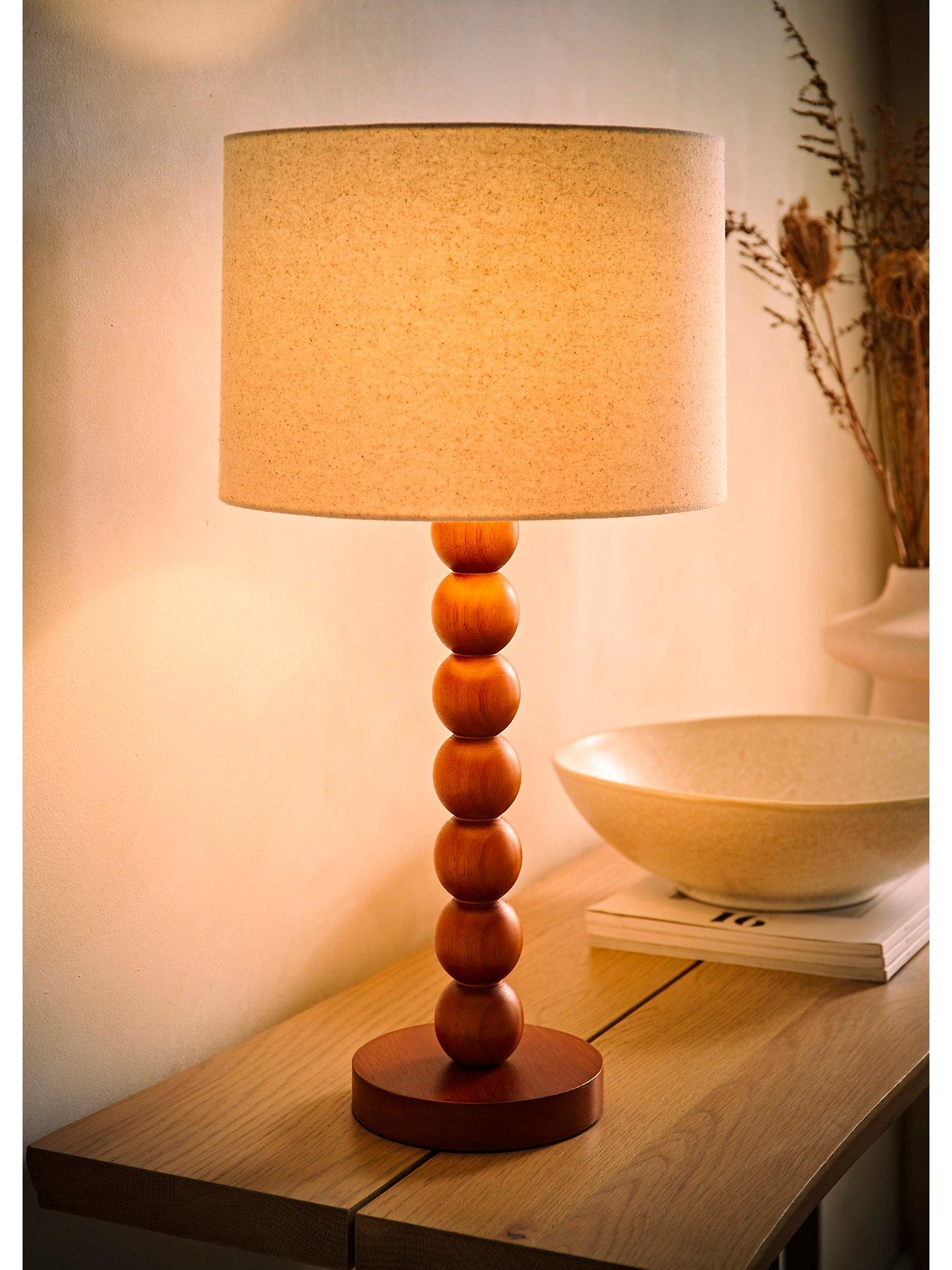 Image 3 of 7 of ValueLights Wyatt Walnut Wood Bobbin Table Lamp With Natural Linen Shade