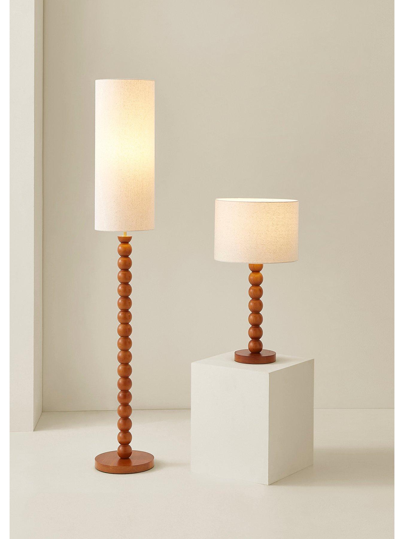 Image 7 of 7 of ValueLights Wyatt Walnut Wood Bobbin Table Lamp With Natural Linen Shade