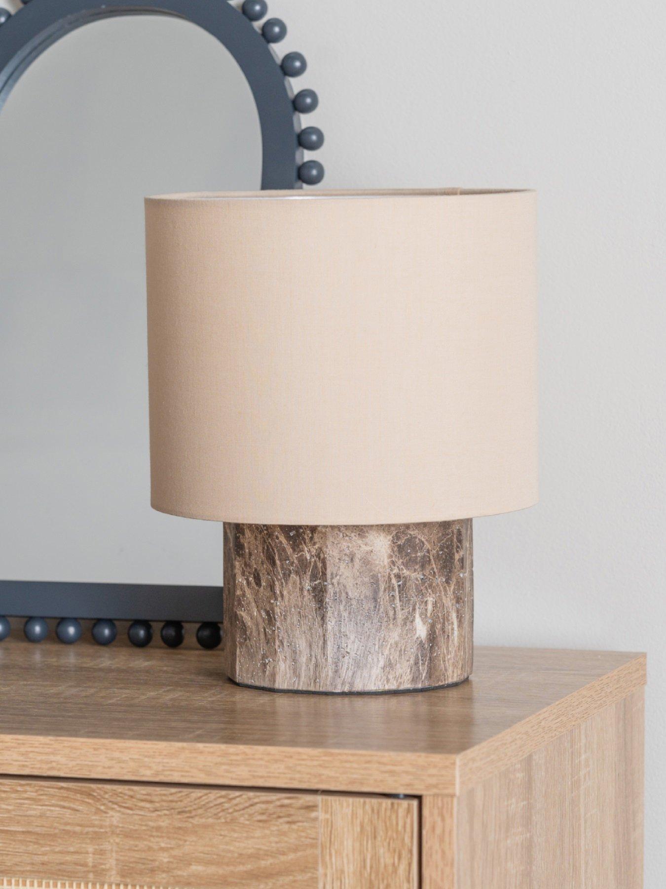 undefined Melanie Dark Marble Effect Table Lamp With Natural Linen Shade