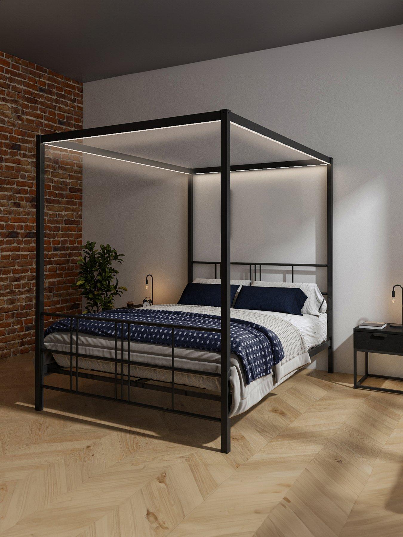 XR Living Fern 4 Poster Canopy Bed With White Soft Glow LED Light - Black