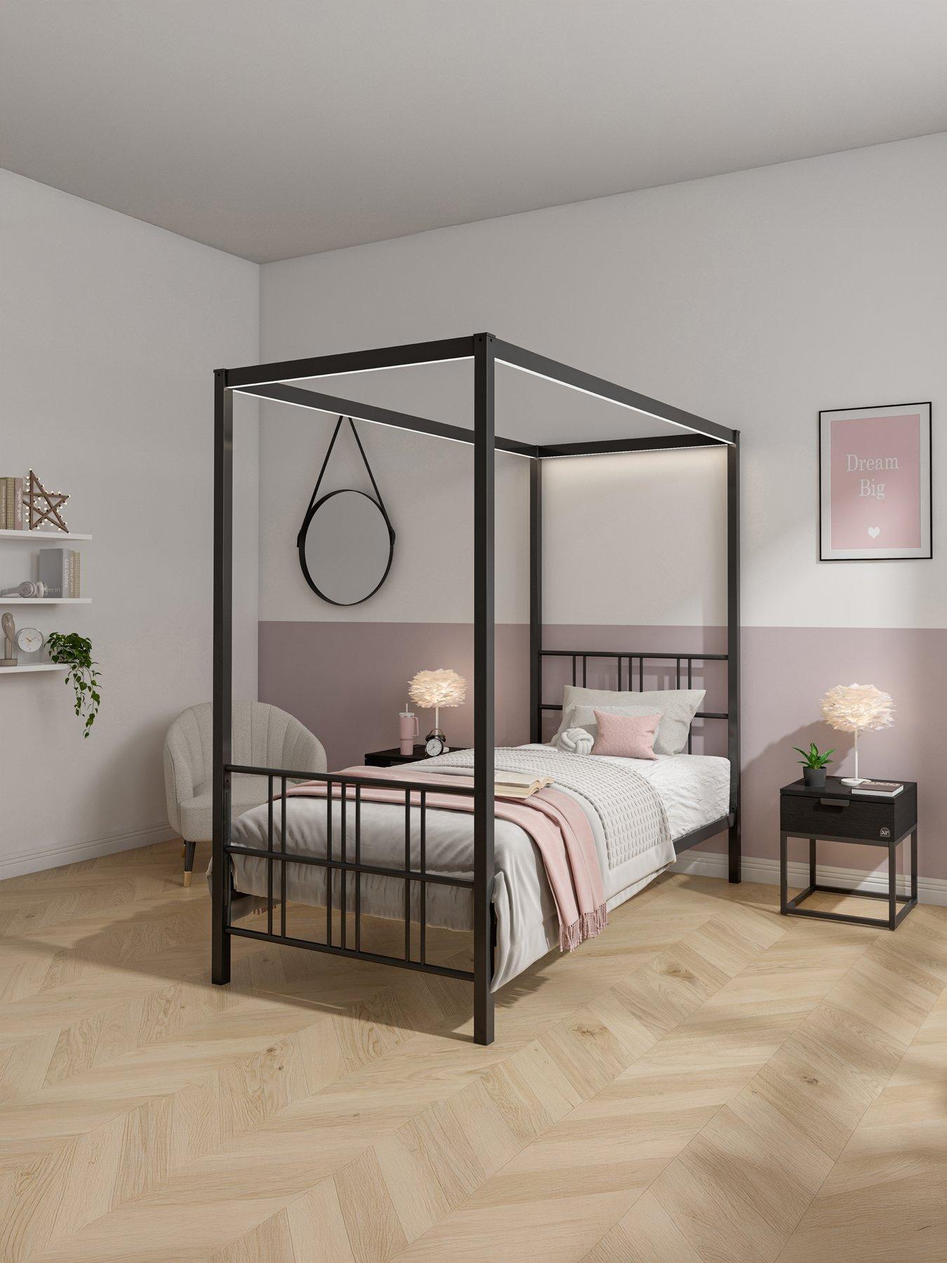 XR Living Fern 4 Poster Canopy Bed With White Soft Glow LED Light - Black