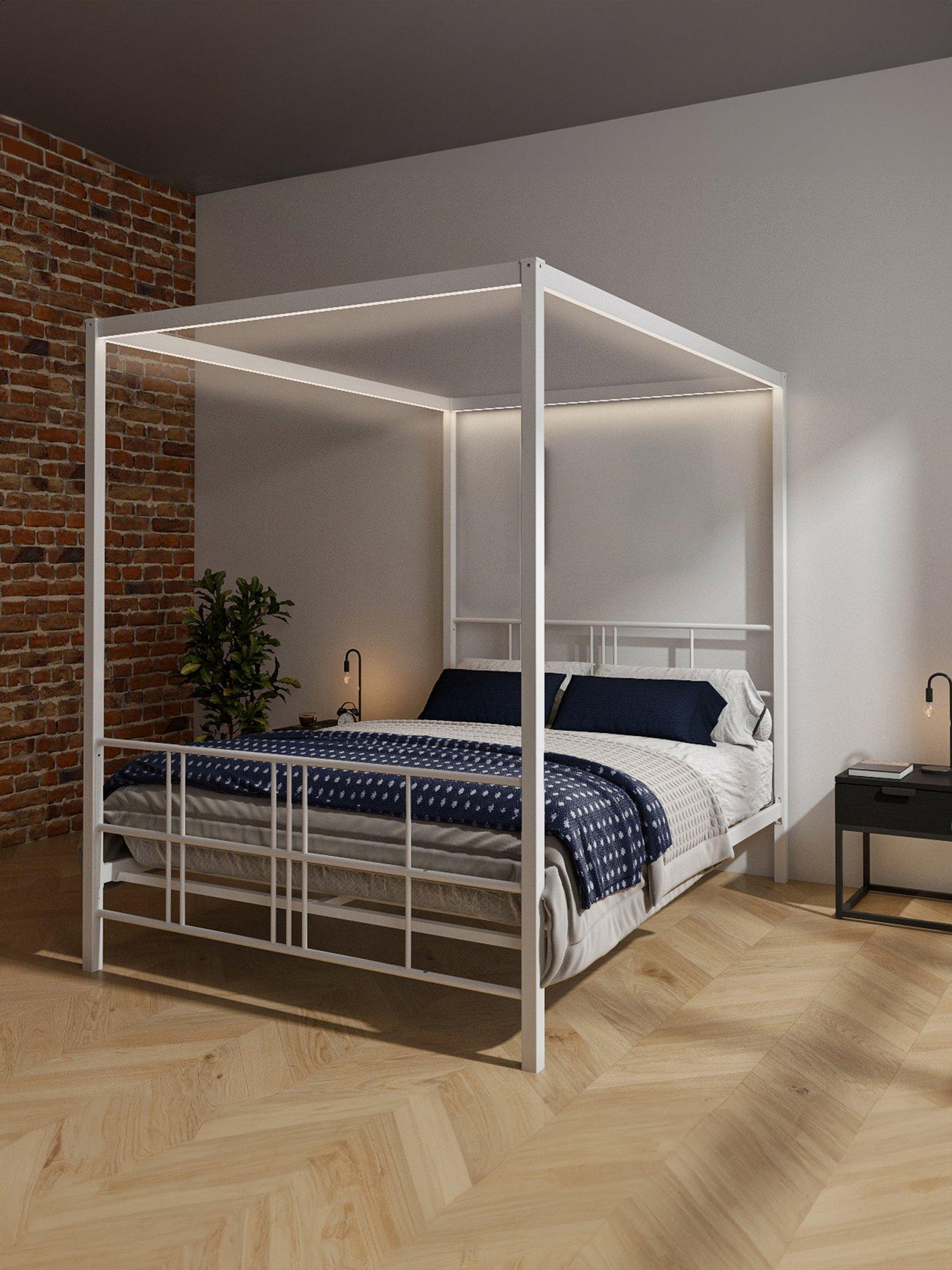 XR Living Fern 4 Poster Canopy Bed With White Soft Glow LED Light – White