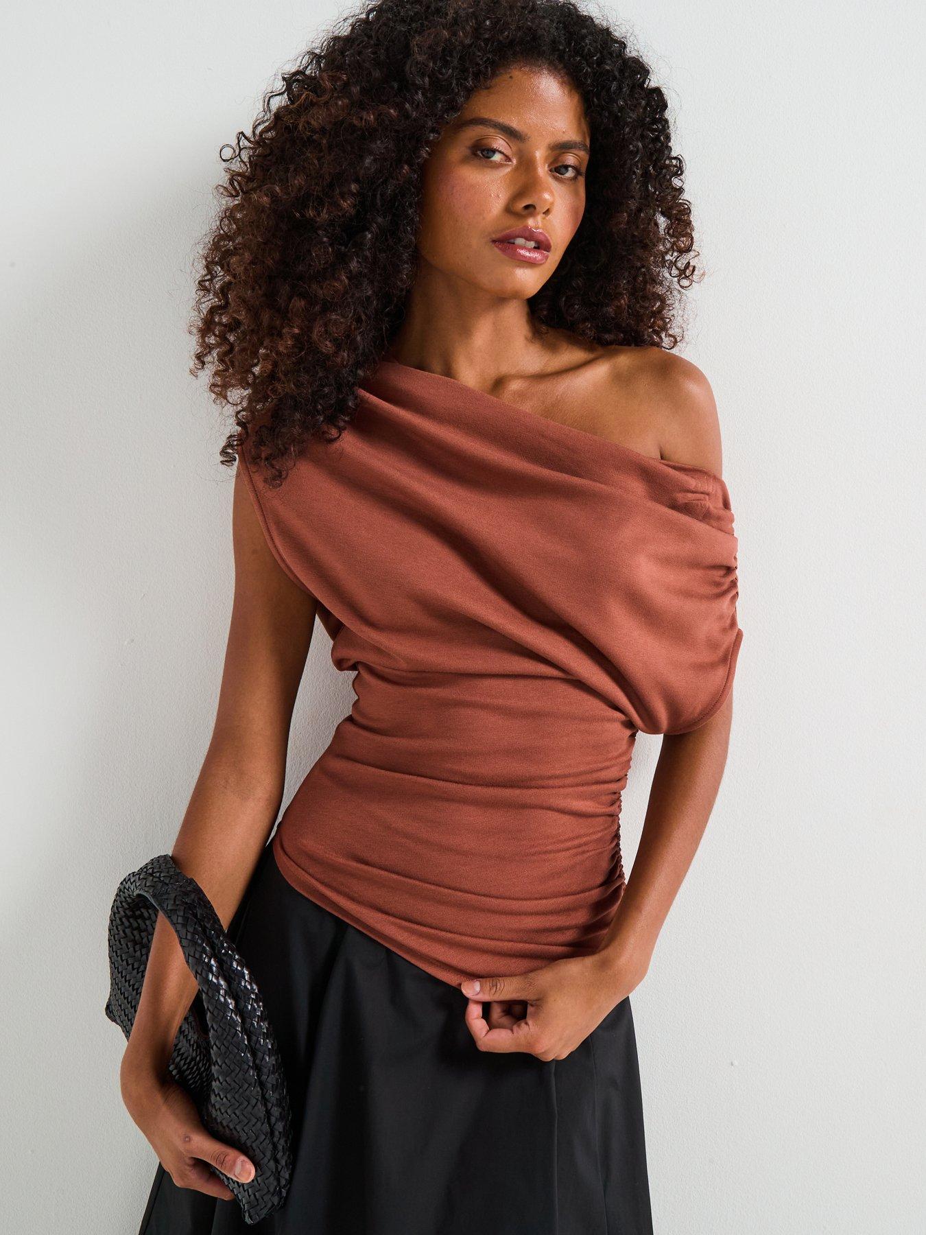 undefined Off Shoulder Ruched Asymmetric Top - Brown