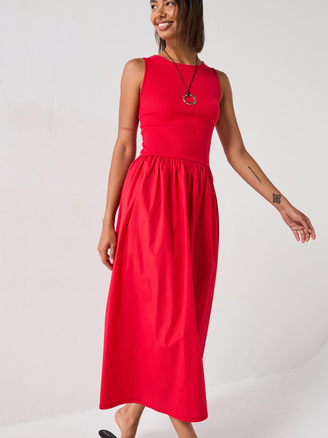 undefined Woven Mix Midaxi Dress - Red