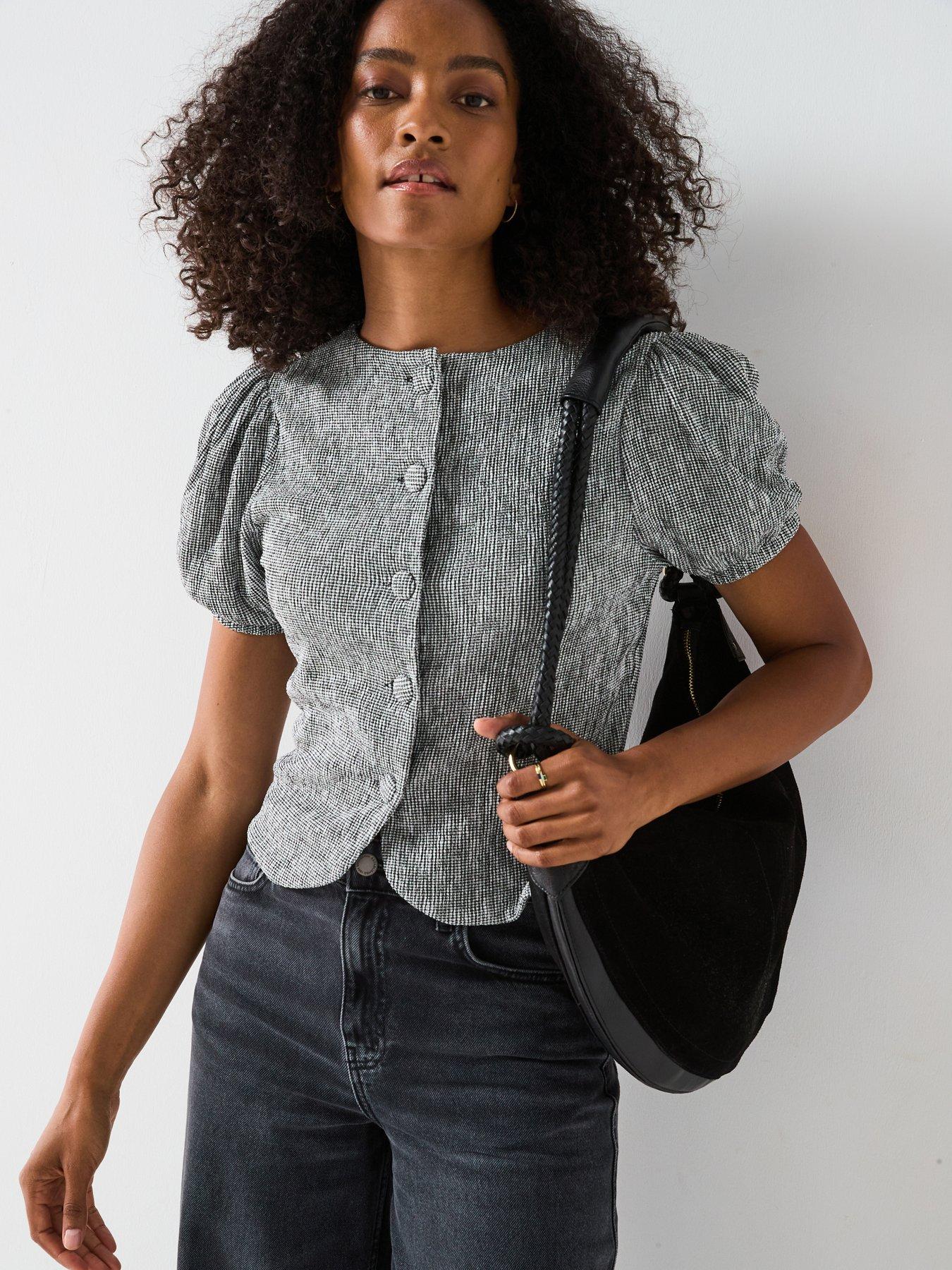 V by Very Gingham Puff Sleeve Button Up Top - Black