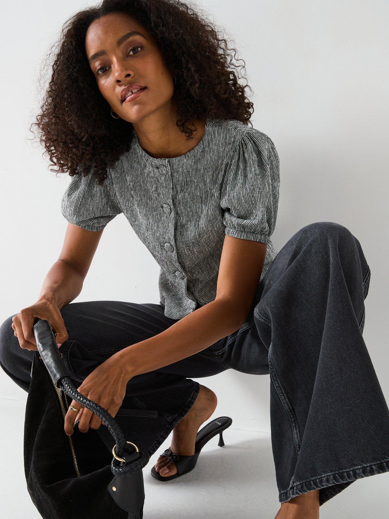 Image 4 of 6 of V by Very Gingham Puff Sleeve Button Up Top - Black