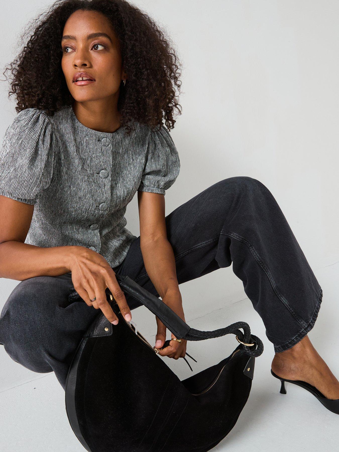 Image 6 of 6 of V by Very Gingham Puff Sleeve Button Up Top - Black