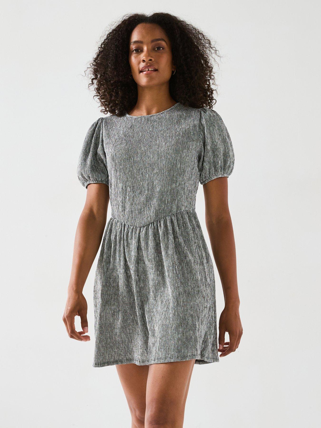 undefined Gingham Waist Detail Skater Mini Dress - Black