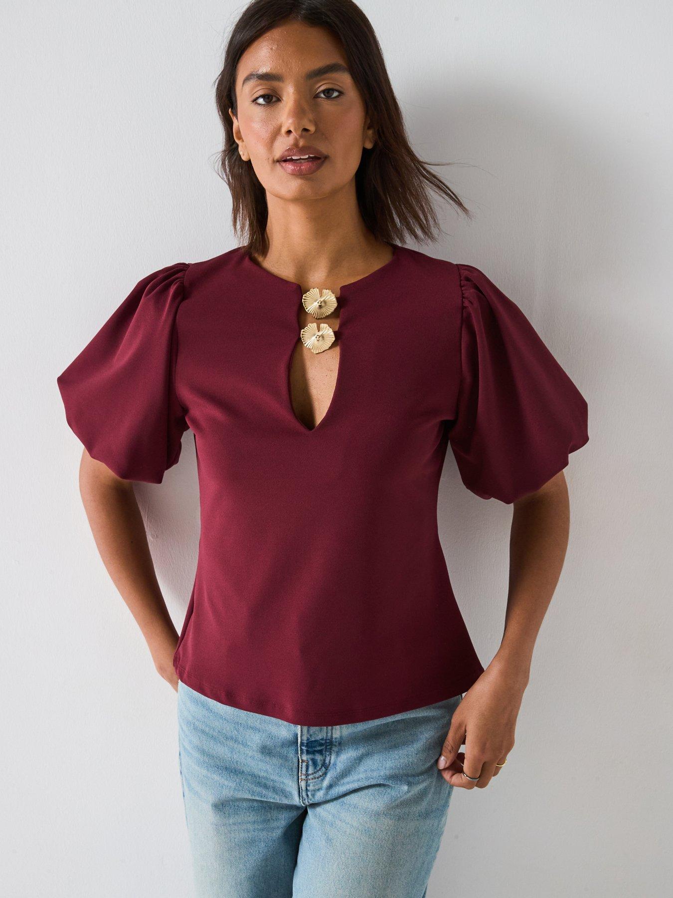 undefined Puff Sleeve Gold Trim Top - Red