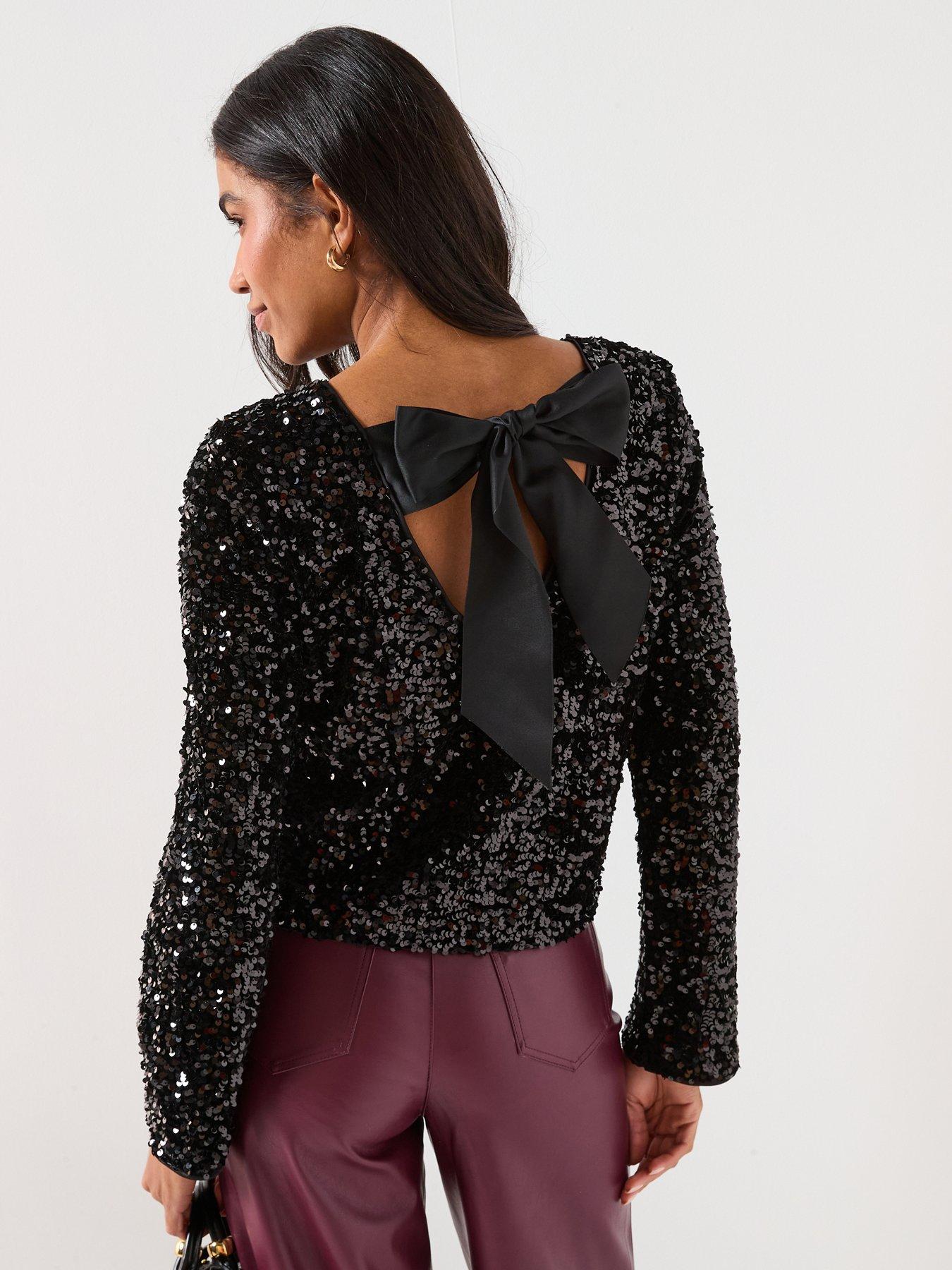 Only Long Sleeve Sequin Bow Top - Black