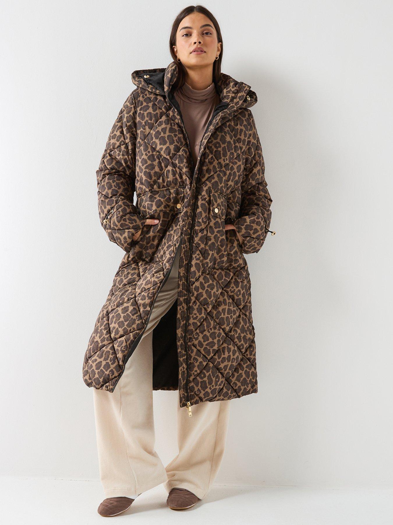 Only Longline Animal Print Padded Coat - Brown