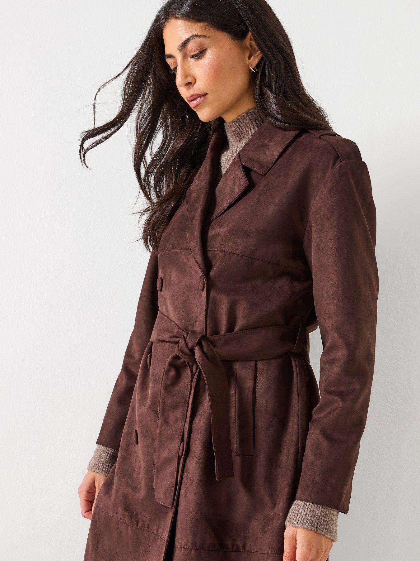 Image 4 of 5 of Only Faux Suede Trenchcoat - Dark Brown