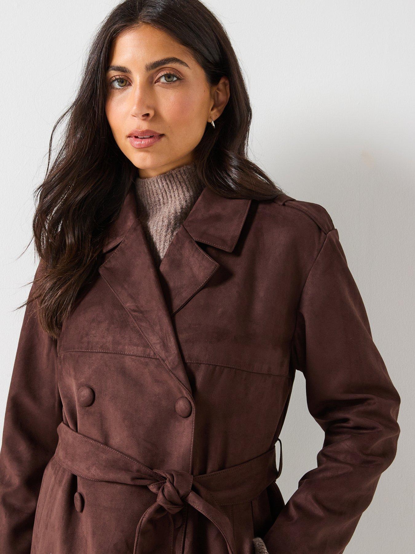 Image 5 of 5 of Only Faux Suede Trenchcoat - Dark Brown