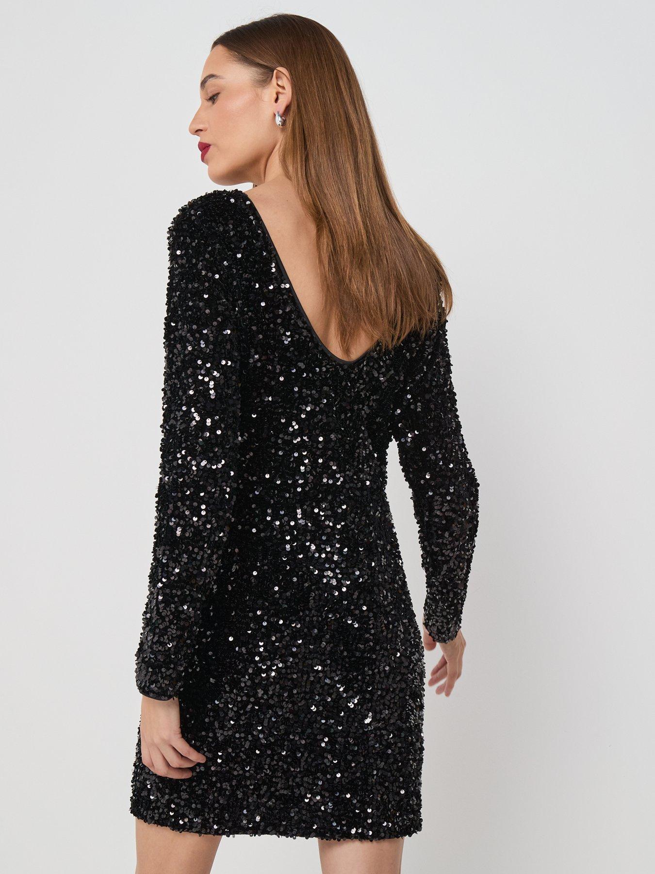 Long Sleeve Sequin Dress - Black - BLACK - XS