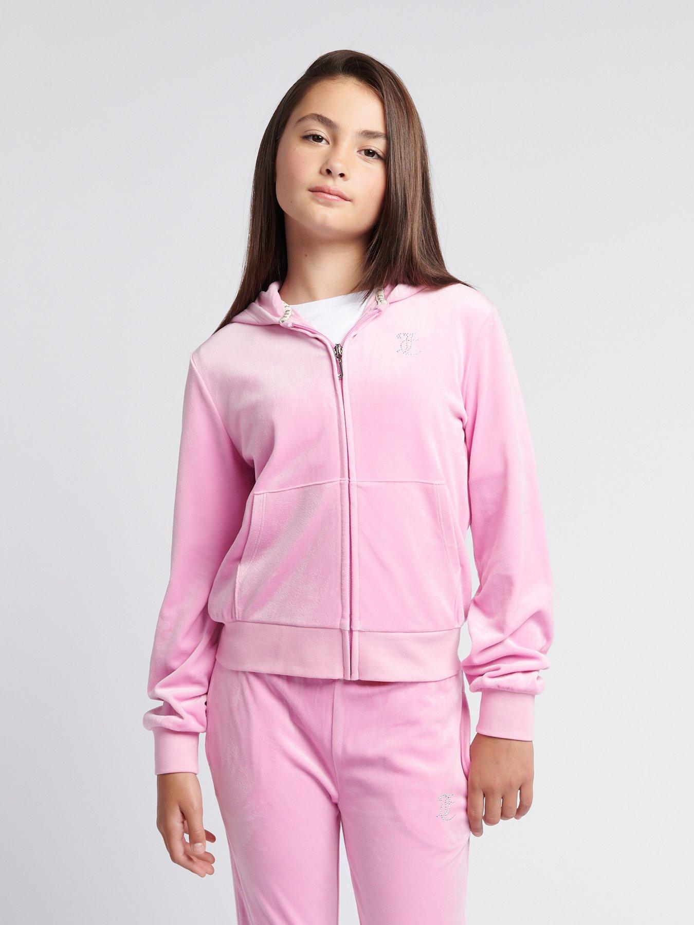 Juicy Couture Girls Diamante Velour Zip Through Hoodie - Pink