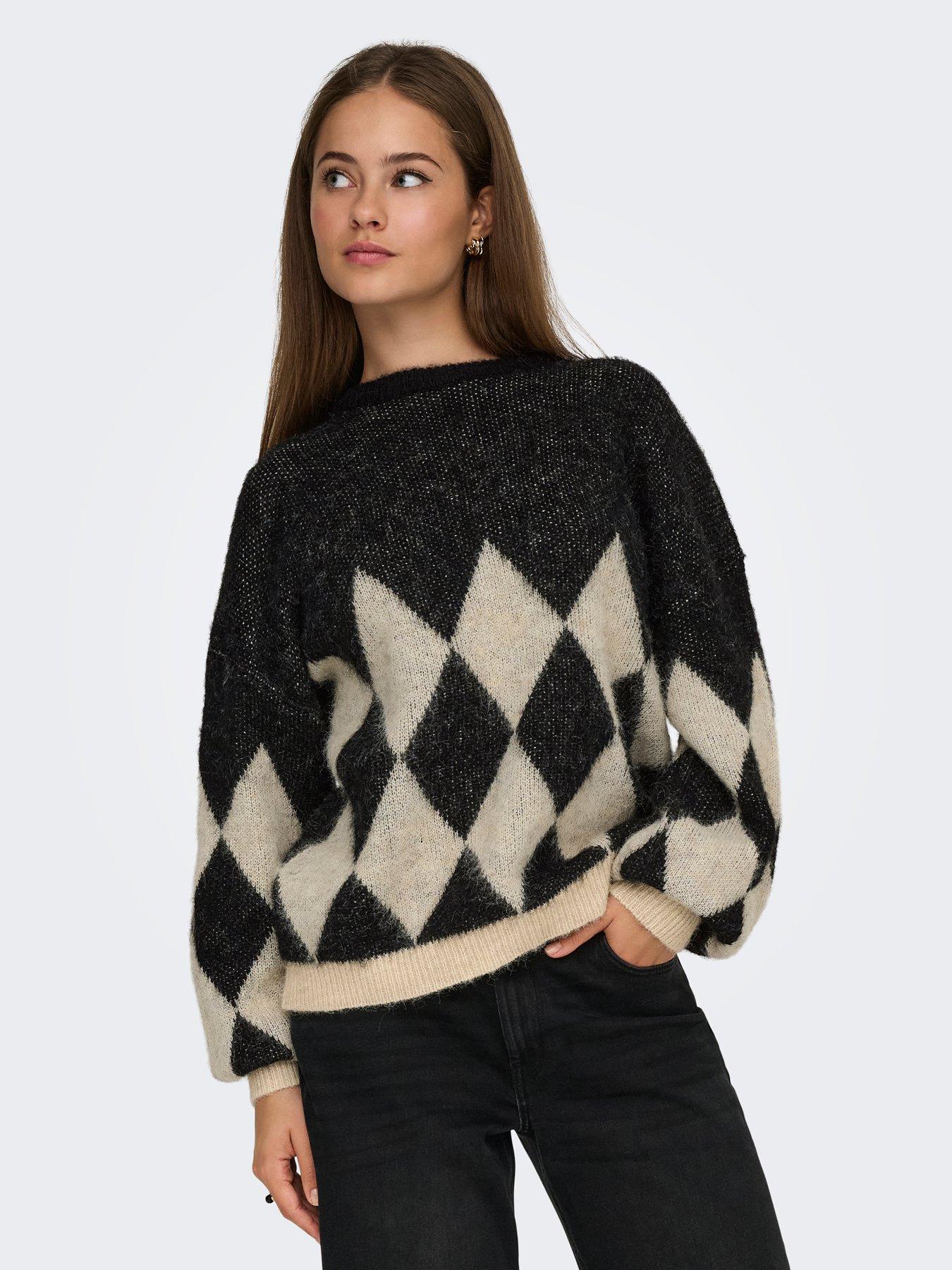 Image 1 of 4 of Only Life Long Sleeve Argyle Knit Jumper - Black