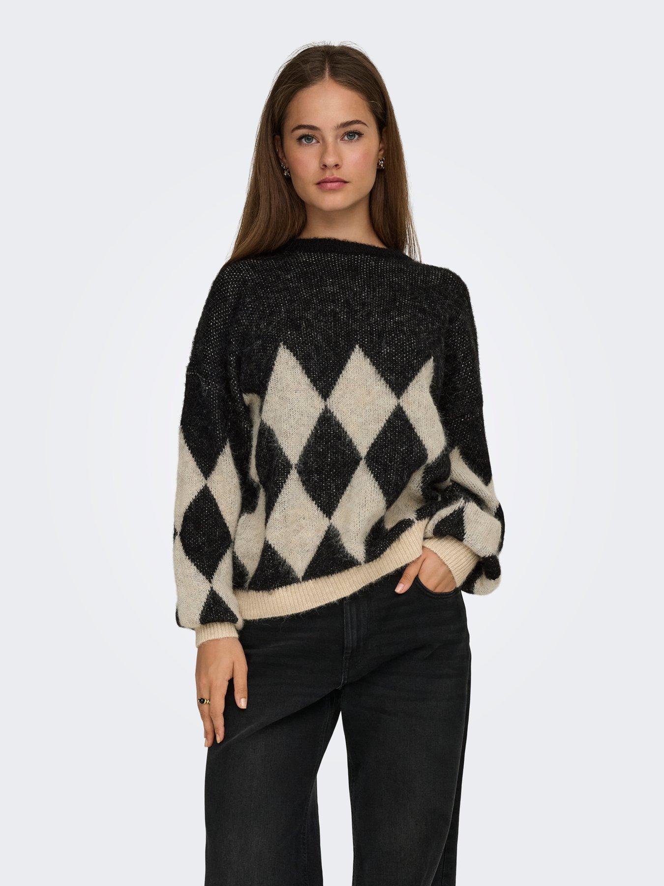 Image 2 of 4 of Only Life Long Sleeve Argyle Knit Jumper - Black