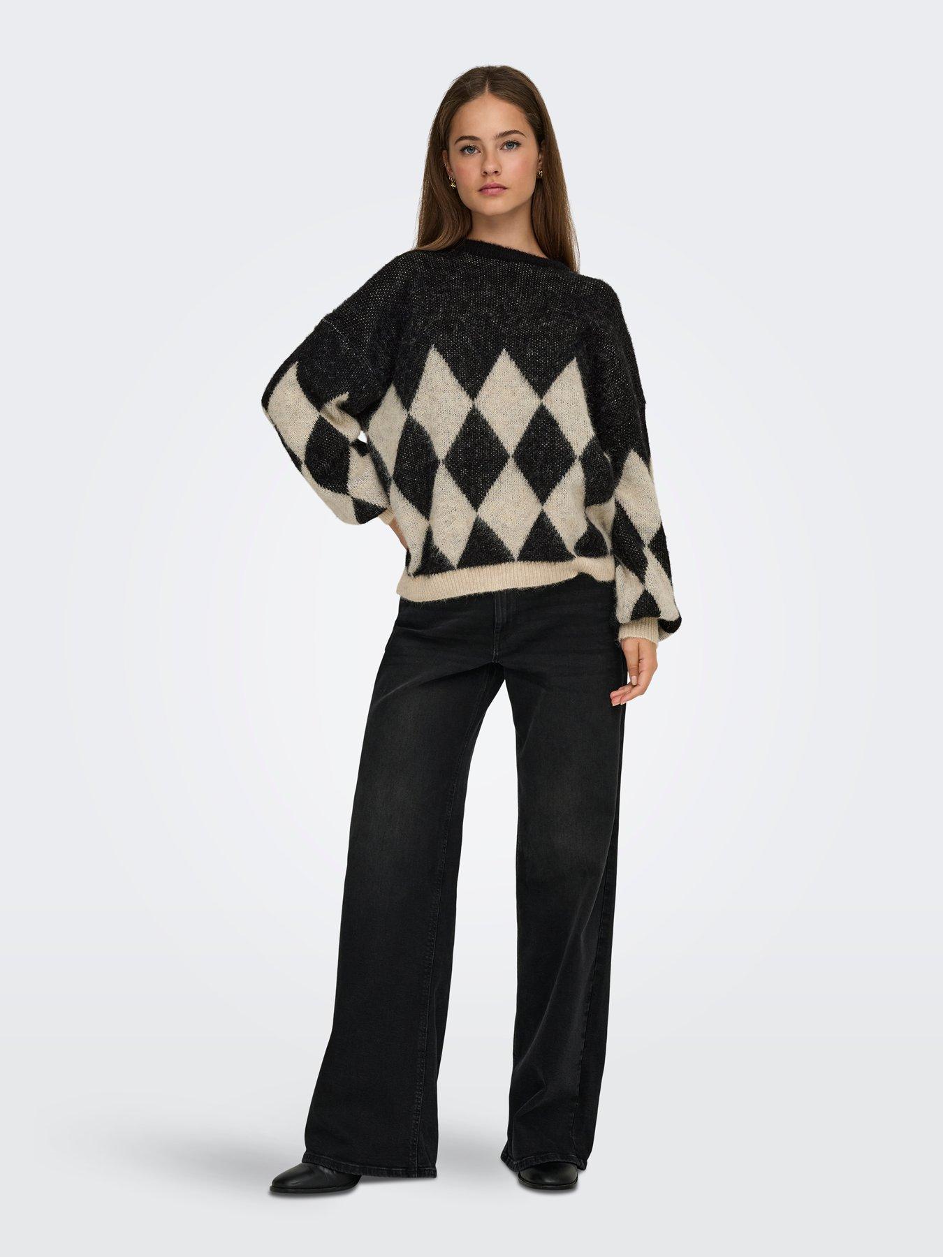 Image 3 of 4 of Only Life Long Sleeve Argyle Knit Jumper - Black