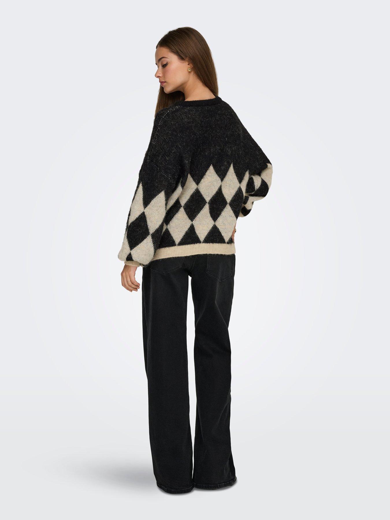 Image 4 of 4 of Only Life Long Sleeve Argyle Knit Jumper - Black