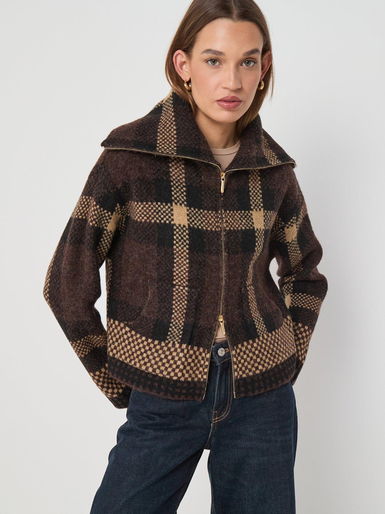 JDY 2-way Zip Funnel Neck Cardigan - Brown