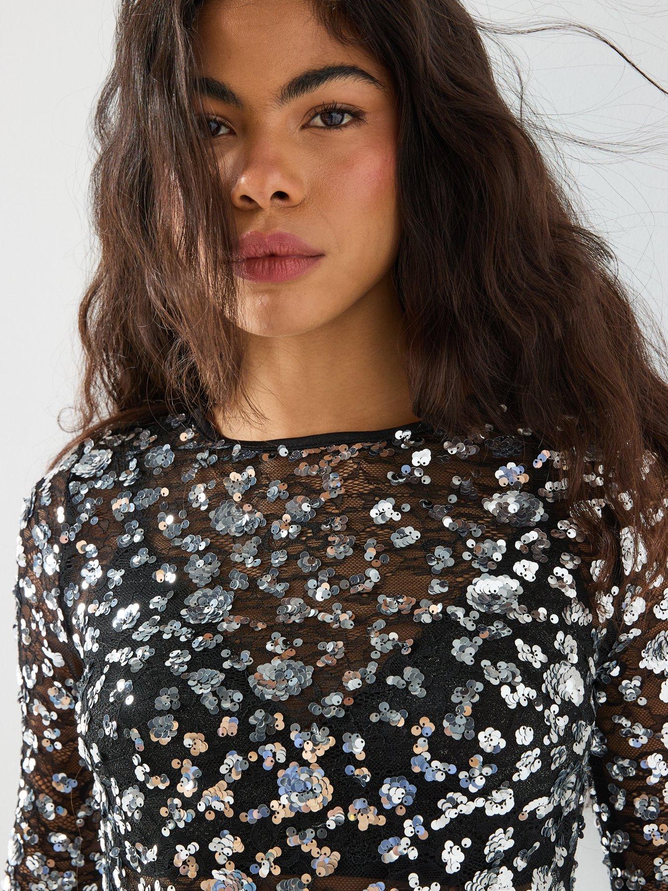Image 4 of 5 of Only Long Sleeve Lace Sequin Top - Silver