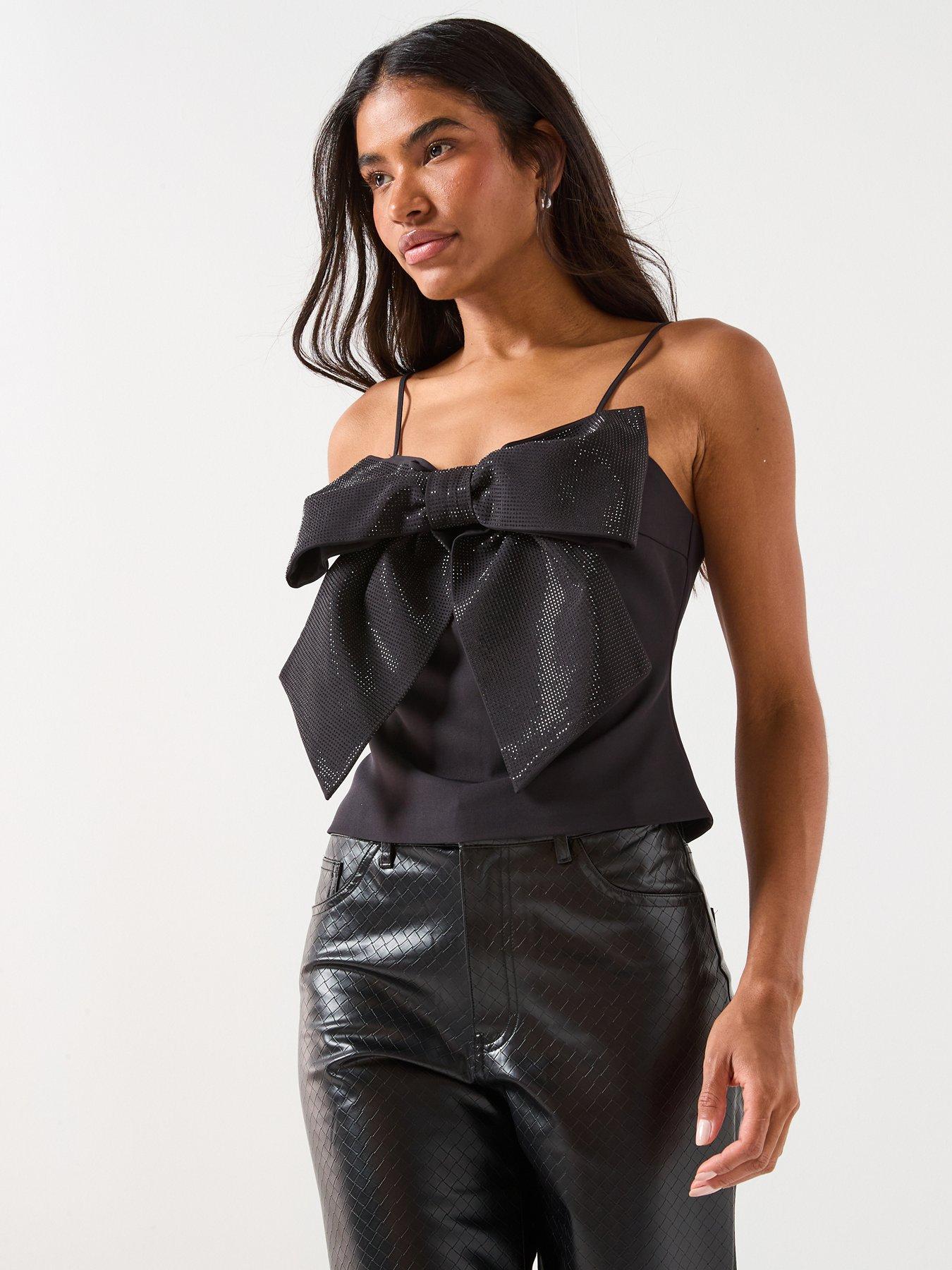 Only Long Line Rhinestone Bow Strap Top - Black