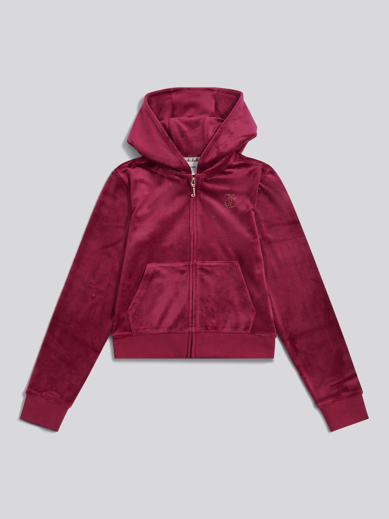 Juicy Couture Girls Diamante Velour Zip Through Hoodie - Burgundy