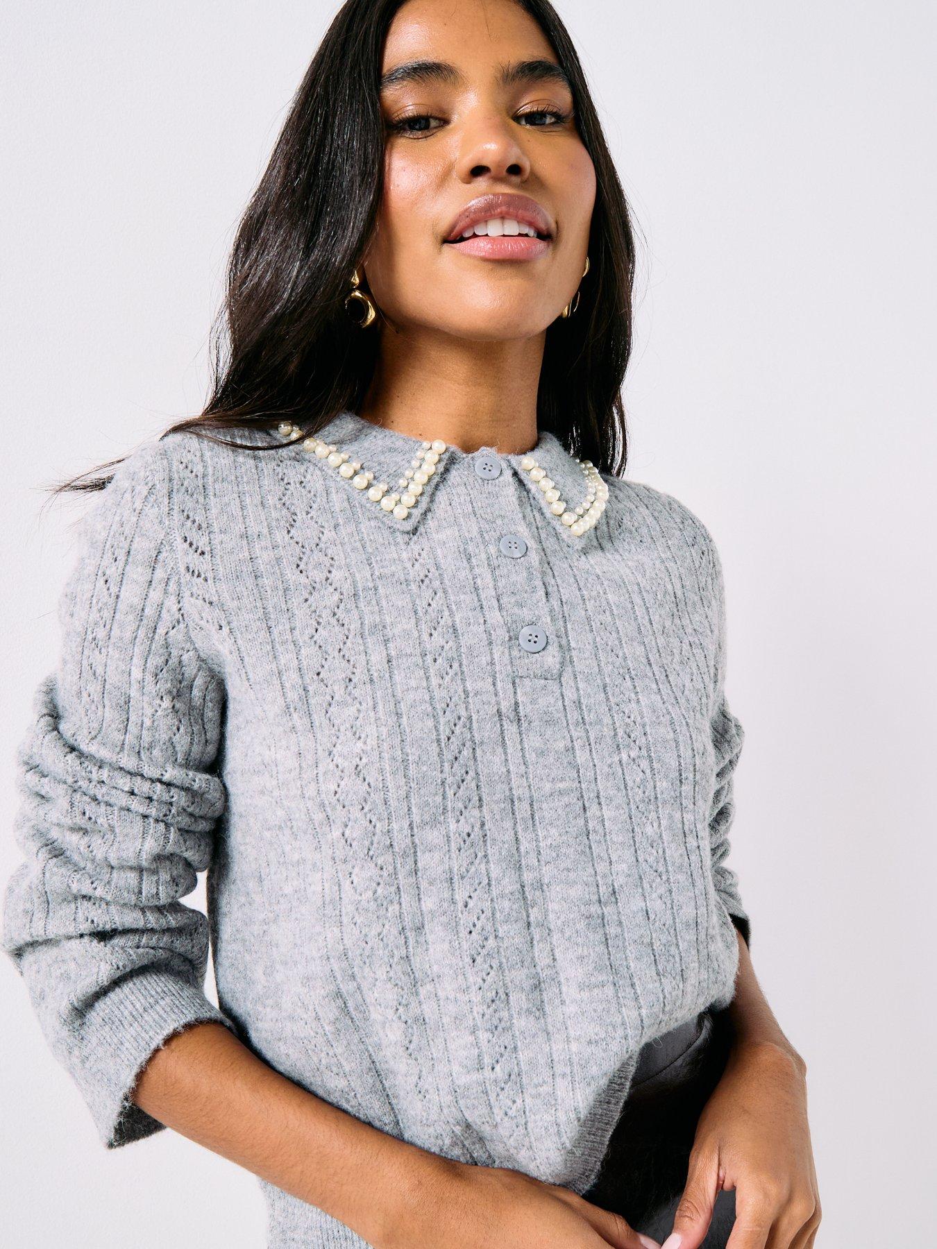 JDY April Life Long Sleeve Pearl Collar Knitted Jumper - Grey | Very